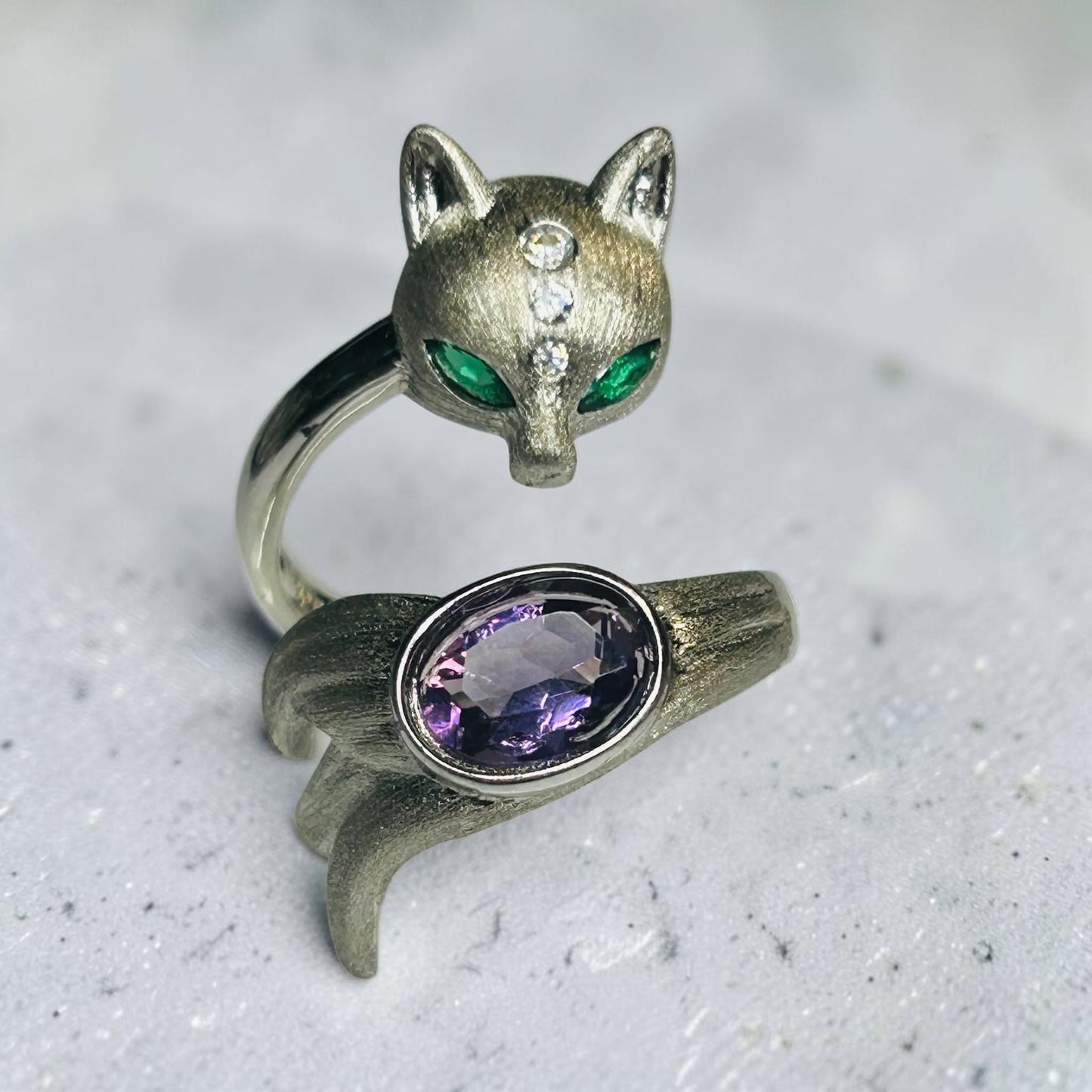 Fox Ring with Amethyst Gemstone • 925 Burnished Sterling Silver • Adjustable • with Gift Box