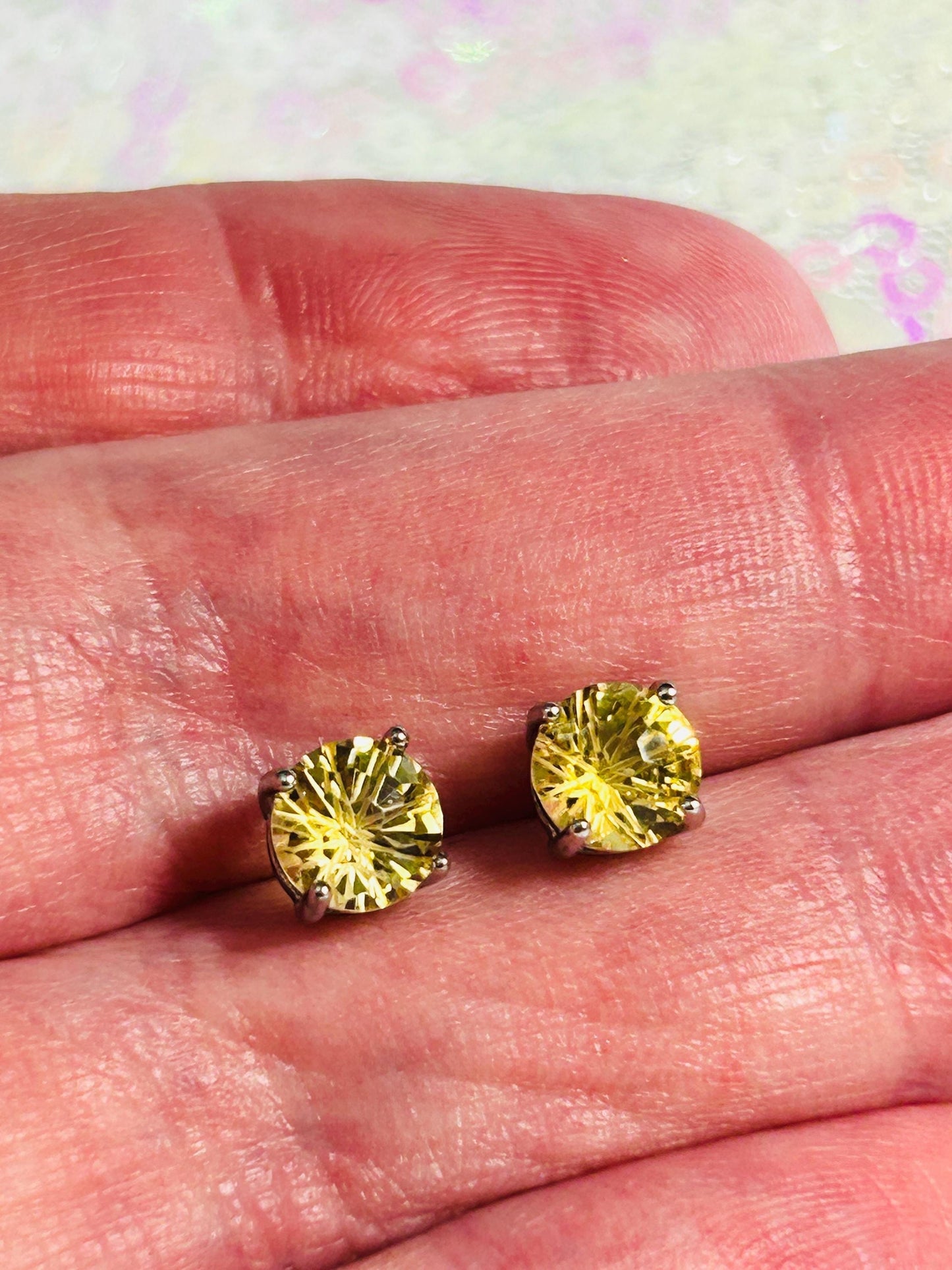 Natural Stone Stud Earrings with Faceted Citrine Gemstone• 925 Sterling Silver • Gift Box