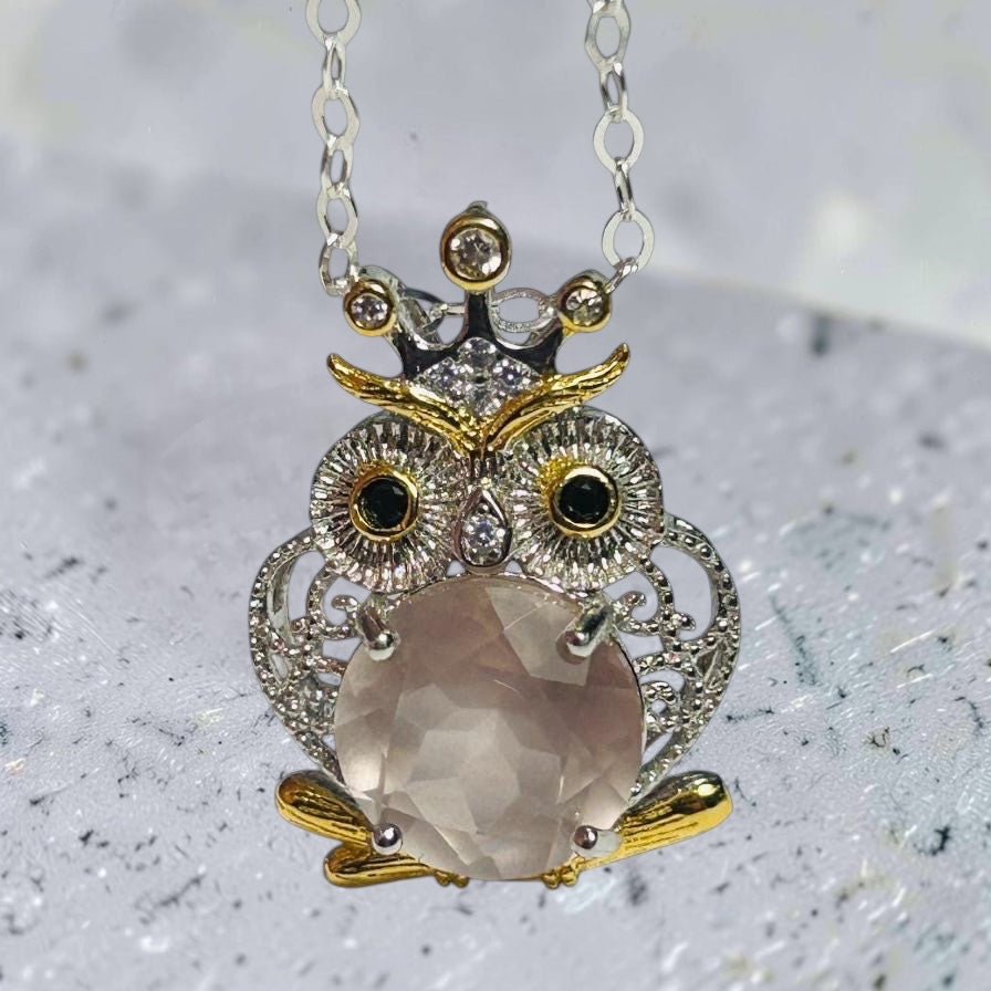 Owl Pendant with Rose Quartz Gemstone • 925 Sterling Silver • Gift Box