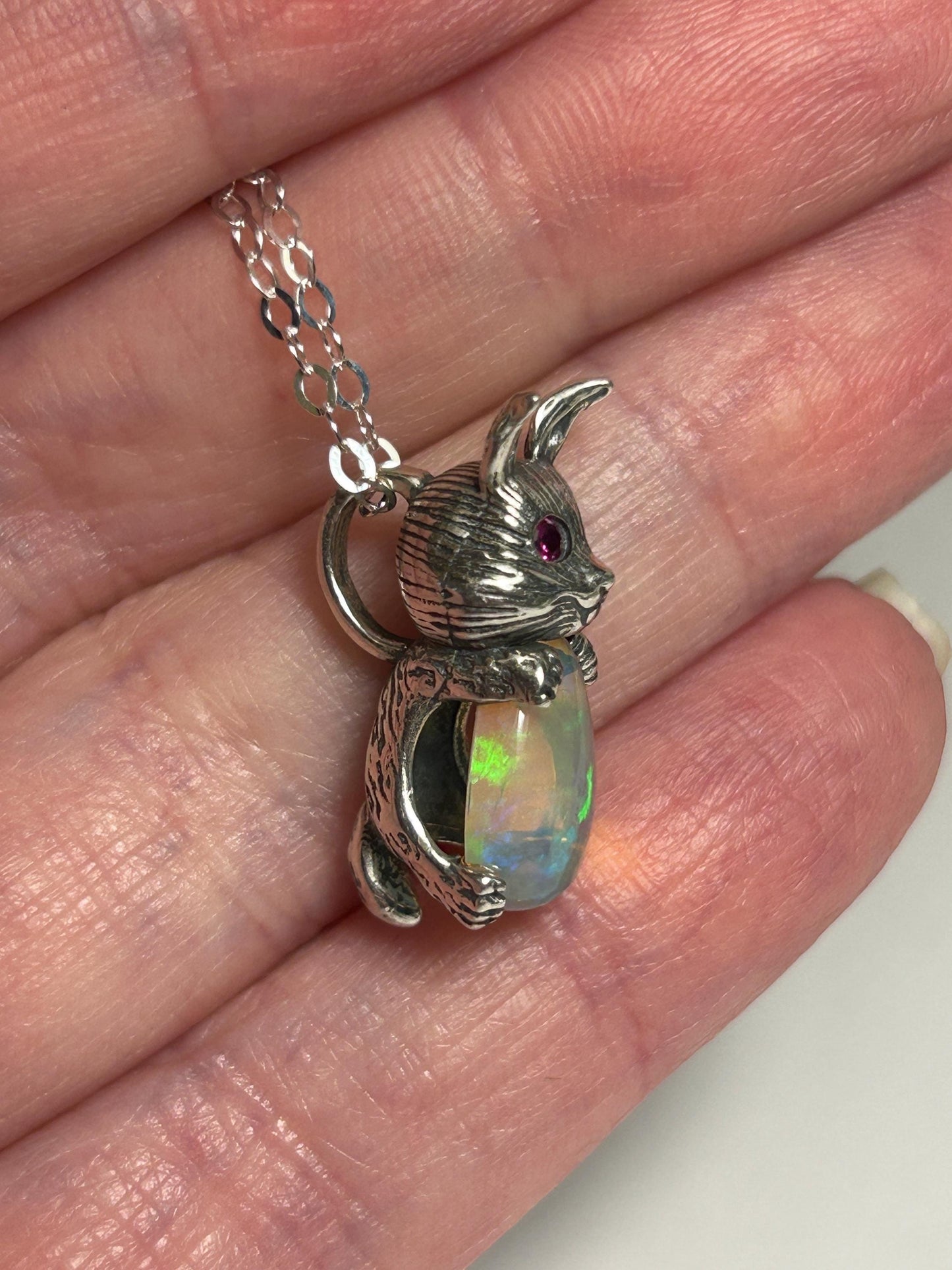 Rabbit Pendant with Opal Gemstone • 925 Sterling Silver • Gift Box