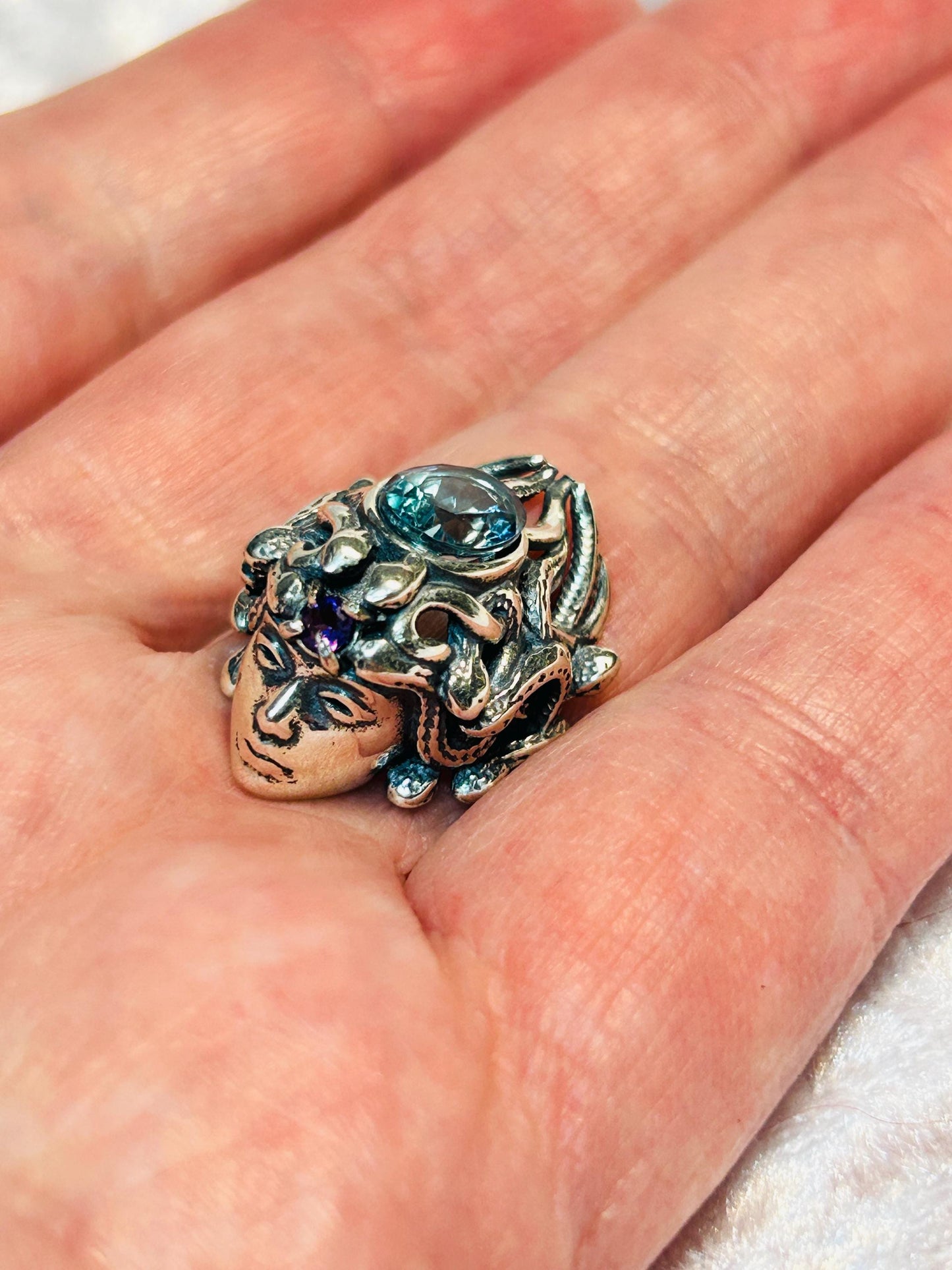 Mythical Medusa Ring with Blue Topaz & Amethyst Gemstones • 925 Sterling Silver • Adjustable • Gift box