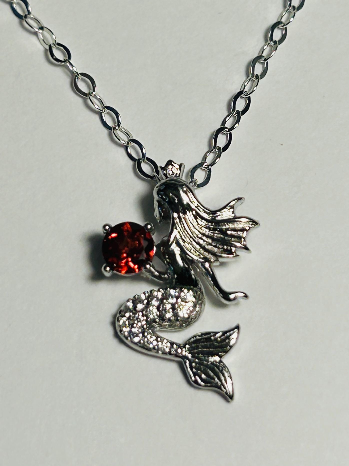 Sterling Silver Mermaid Pendant With Garnet Gemstone - 925 - Gift Boxed