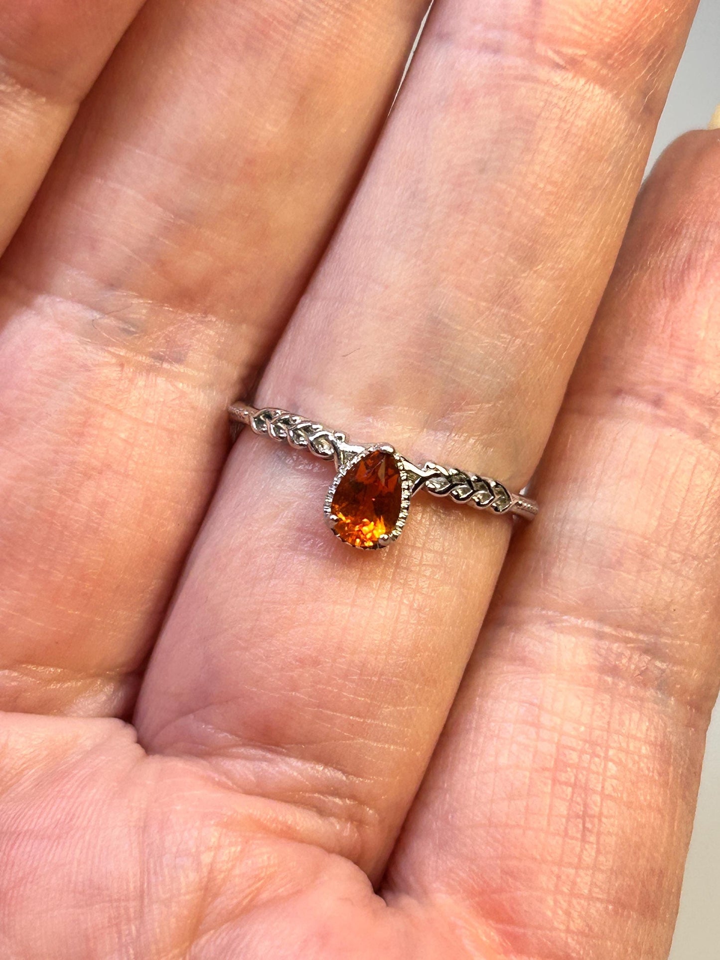 Dainty Stacking Ring with Orange Citrine Teardrop Gemstone • 925 Sterling Silver • Adjustable • Gift Box