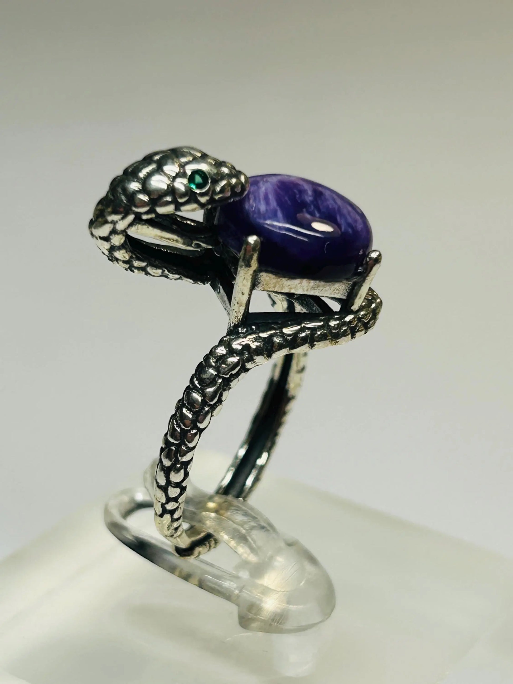 925 Silver Snake Ring with Charoite - Adjustable Serpent Jewellery with CZ Eyes - Gift Boxed Celtic Dragon Jewellery