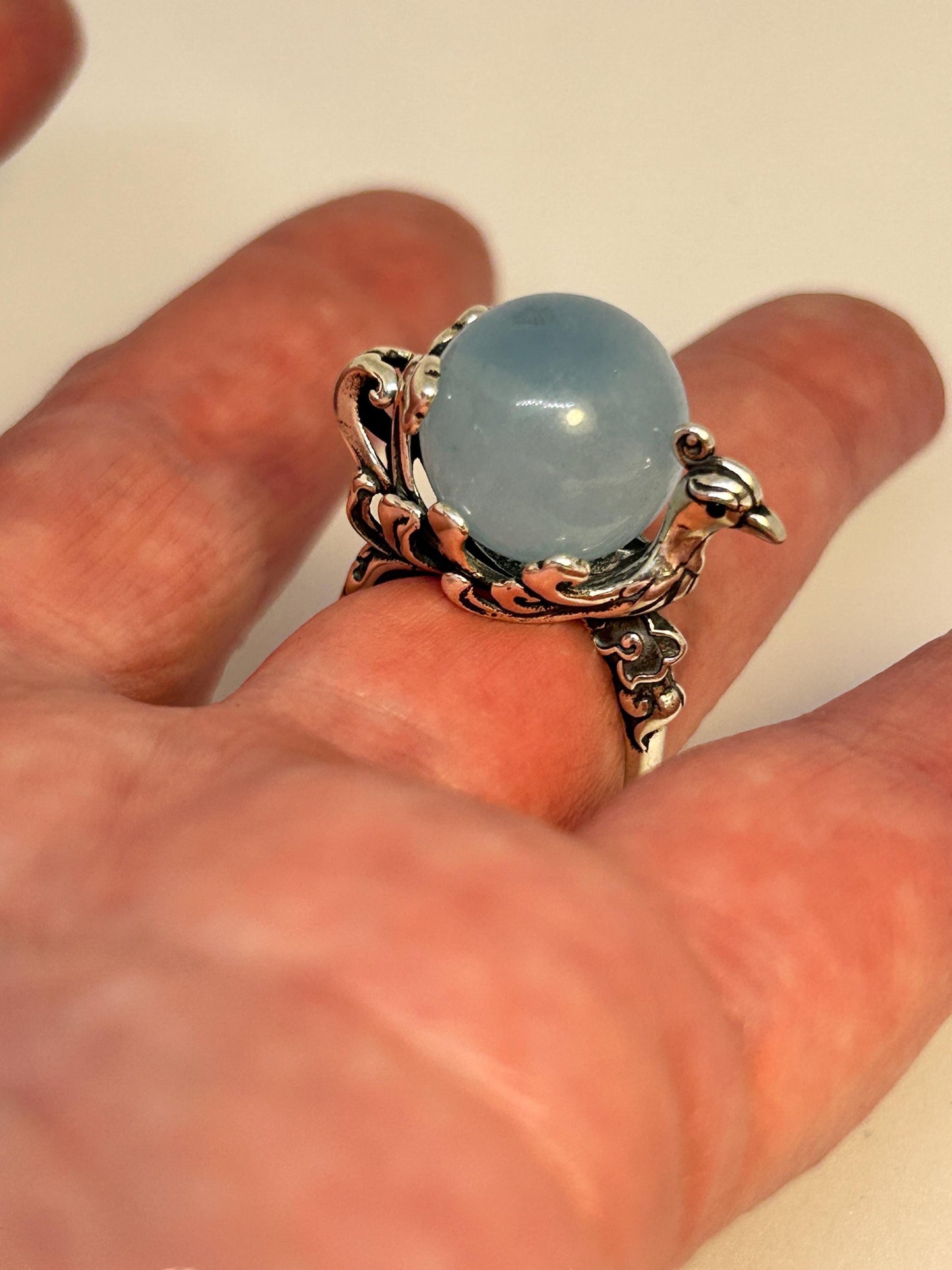 Large Phoenix Ring with Aquamarine Sphere Gemstone • 925 Sterling Silver • Adjustable • Gift Box