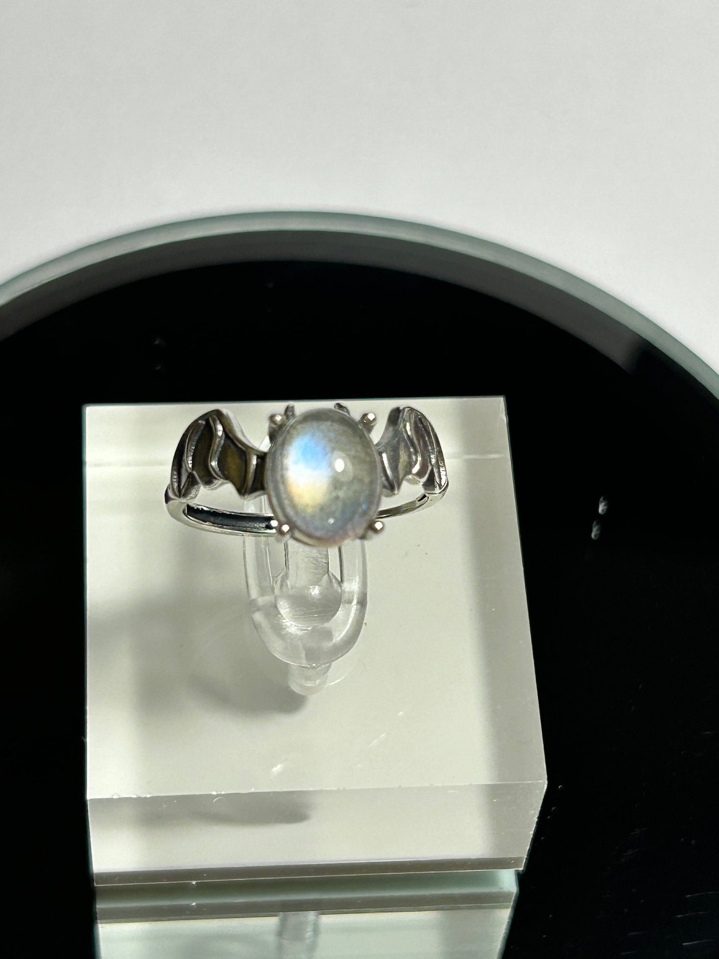 Labradorite Bat Ring: Adjustable 925 Sterling Silver Gemstone - Halloween Theme