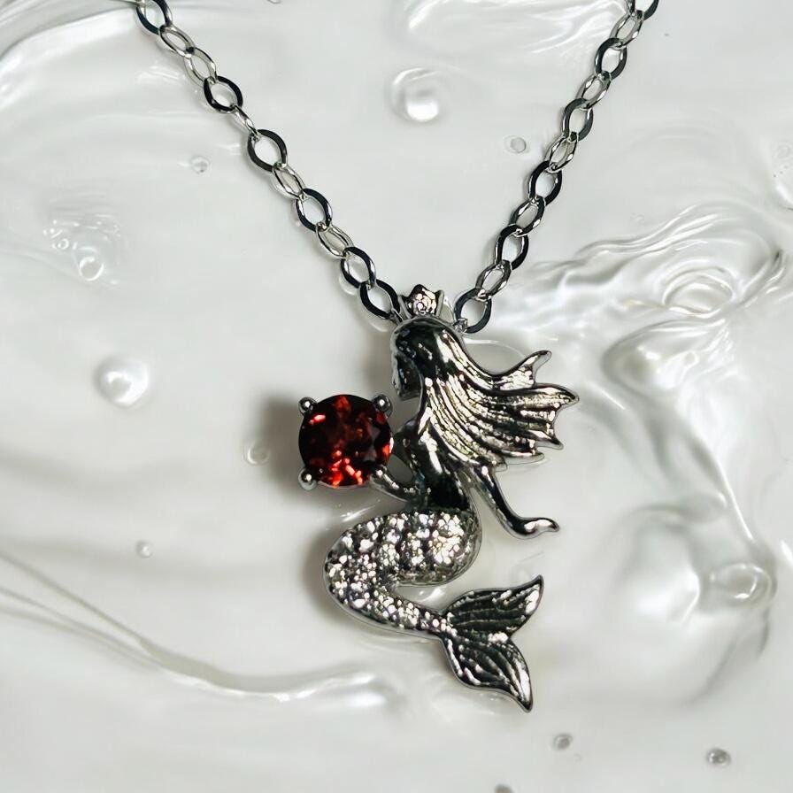 Sterling Silver Mermaid Pendant With Garnet Gemstone - 925 - Gift Boxed