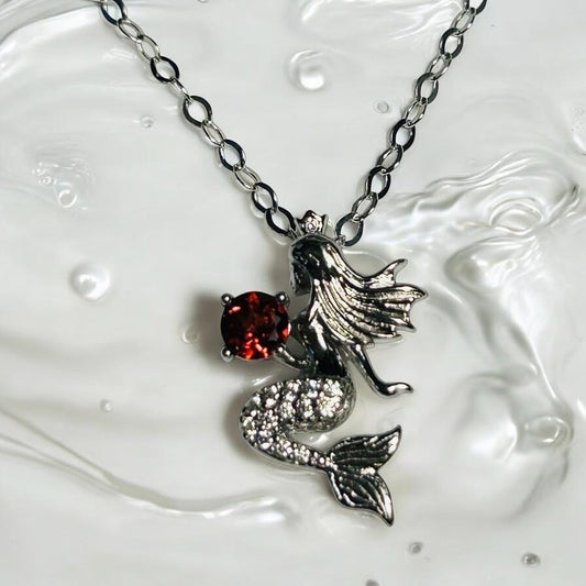 Sterling Silver Mermaid Pendant With Garnet Gemstone - 925 - Gift Boxed