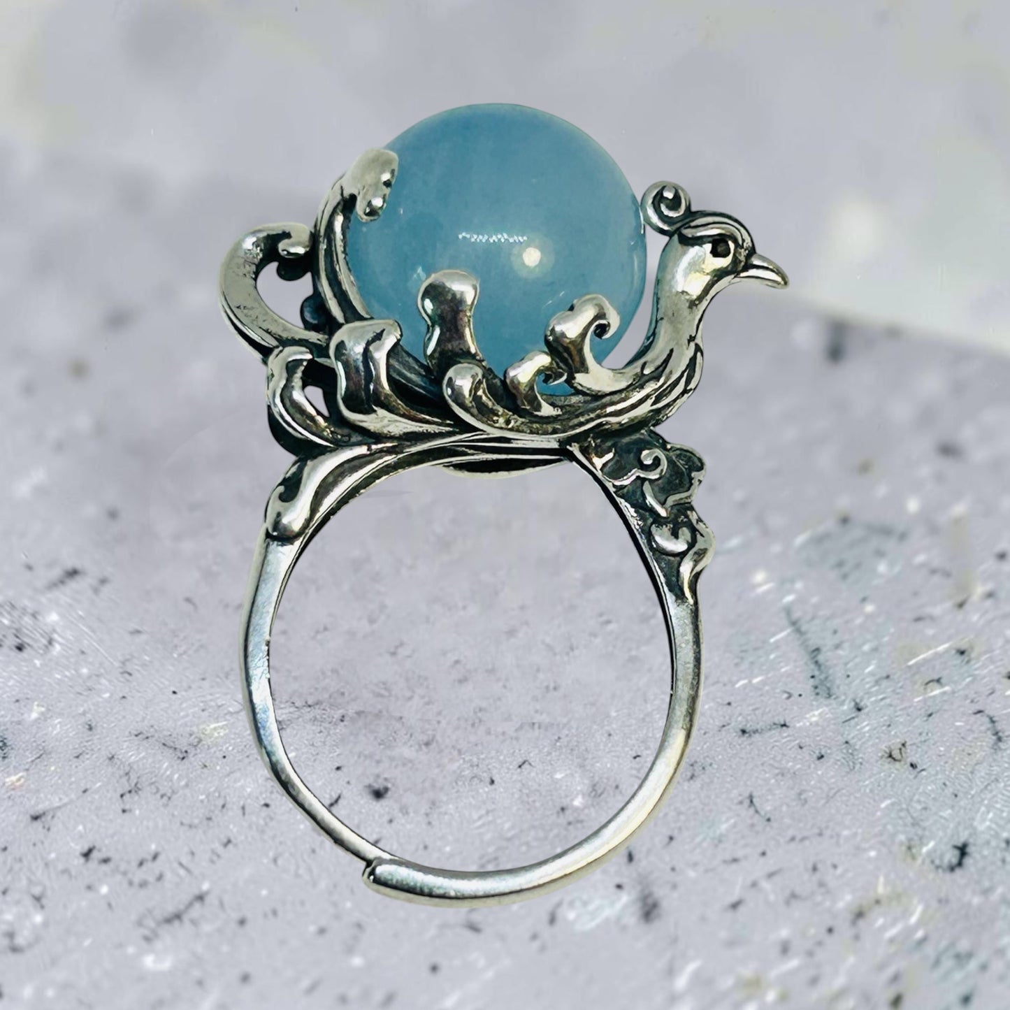Large Phoenix Ring with Aquamarine Sphere Gemstone • 925 Sterling Silver • Adjustable • Gift Box