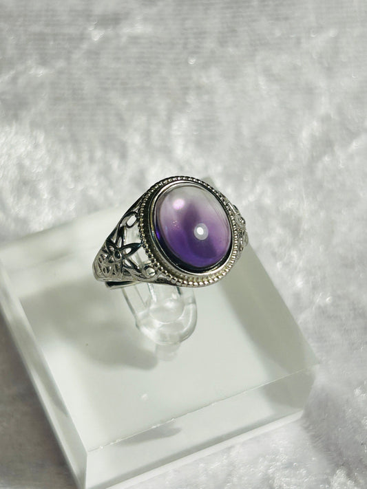 Floral 925 Silver Amethyst Ring - Adjustable Gemstone Ring