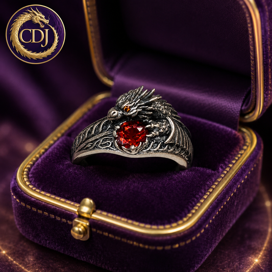 Celtic Dragon Ring with Garnet Red CZ • 925 Sterling Silver With Gift Box