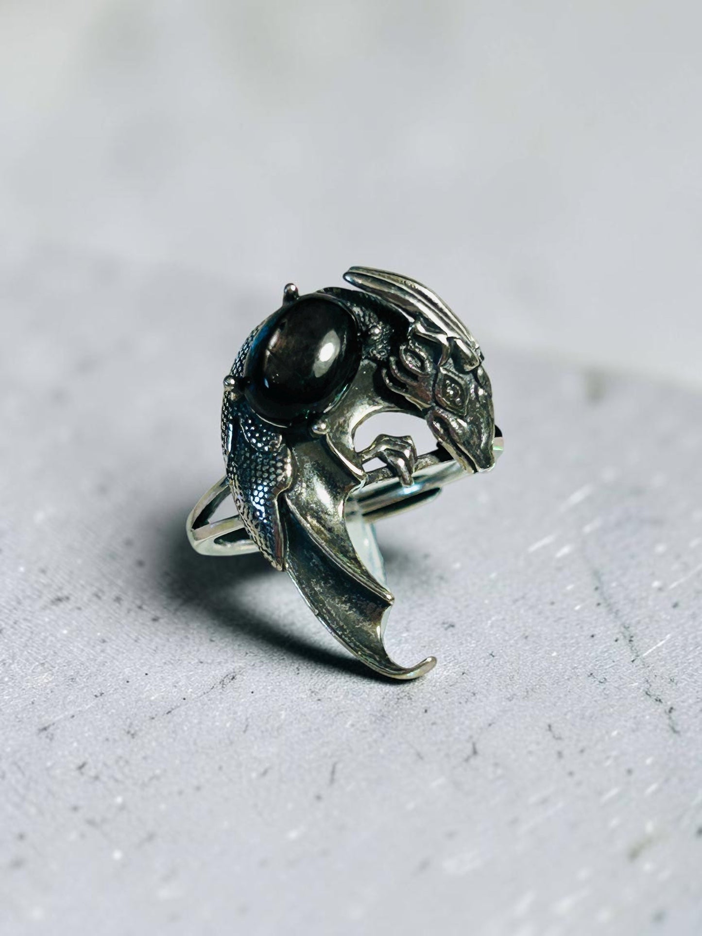 Dragon Ring with Hypersthene Gemstone • 925 Sterling Silver • Adjustable • Gift Box