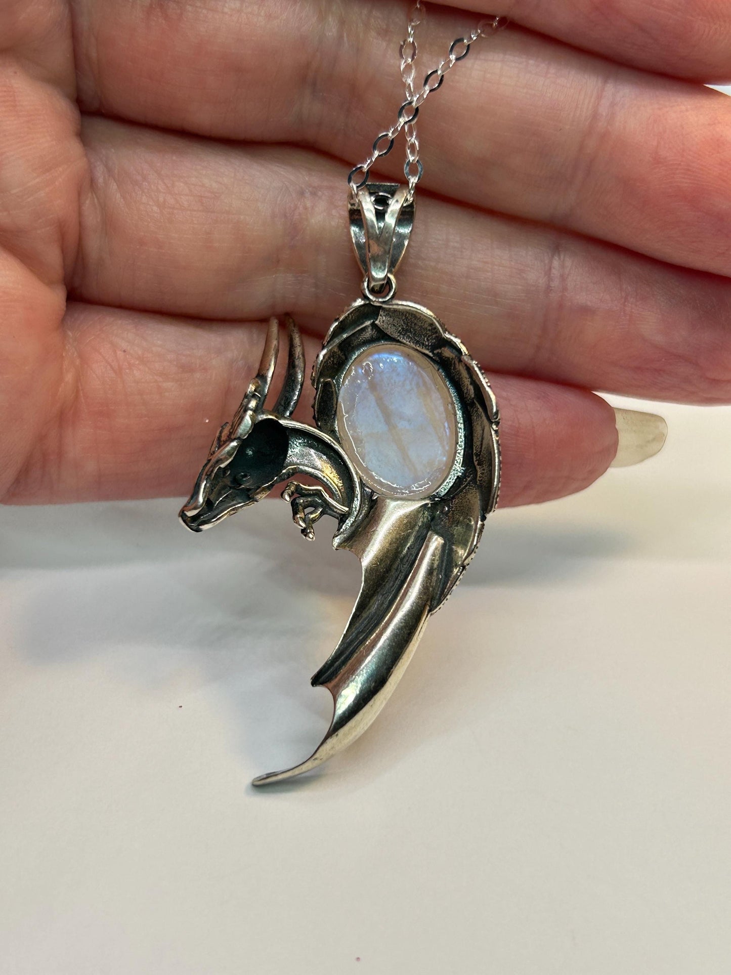 Dragon Pendant with Moonstone Gemstone • 925 Sterling Silver • Gift box