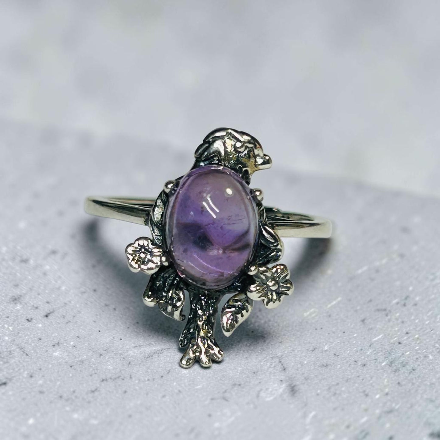 Bird Ring with Amethyst Gemstone • Adjustable 925 Sterling Silver with Gift Box