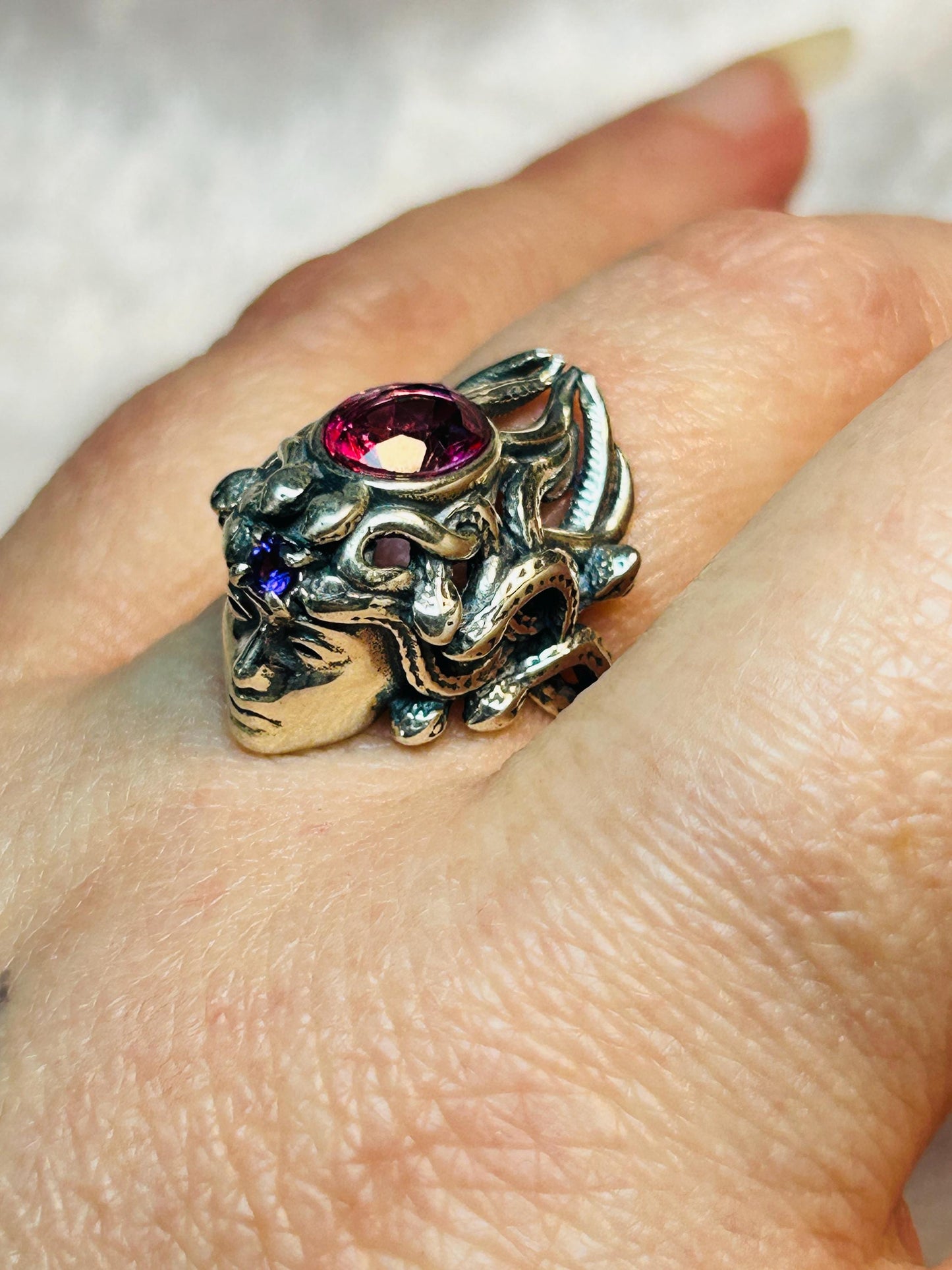 Mythical Medusa Ring with Pink Topaz & Amethyst Gemstones • 925 Sterling Silver • Adjustable • Gift box