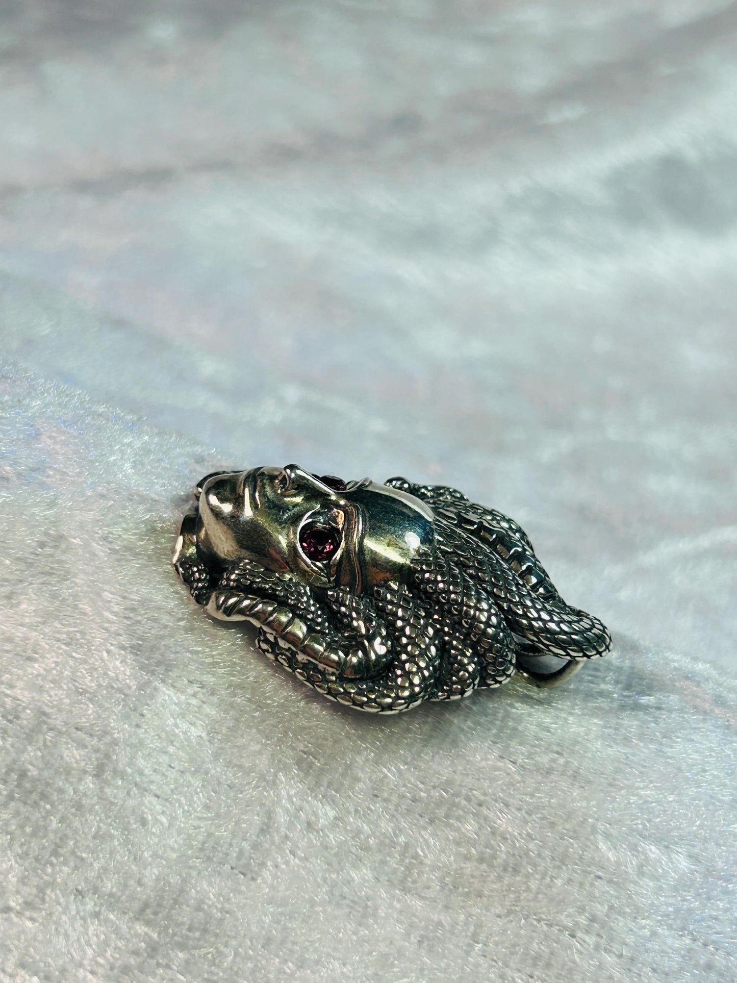 Medusa Pendant with Garnet Gemstones • 925 Sterling Silver • Gift Box