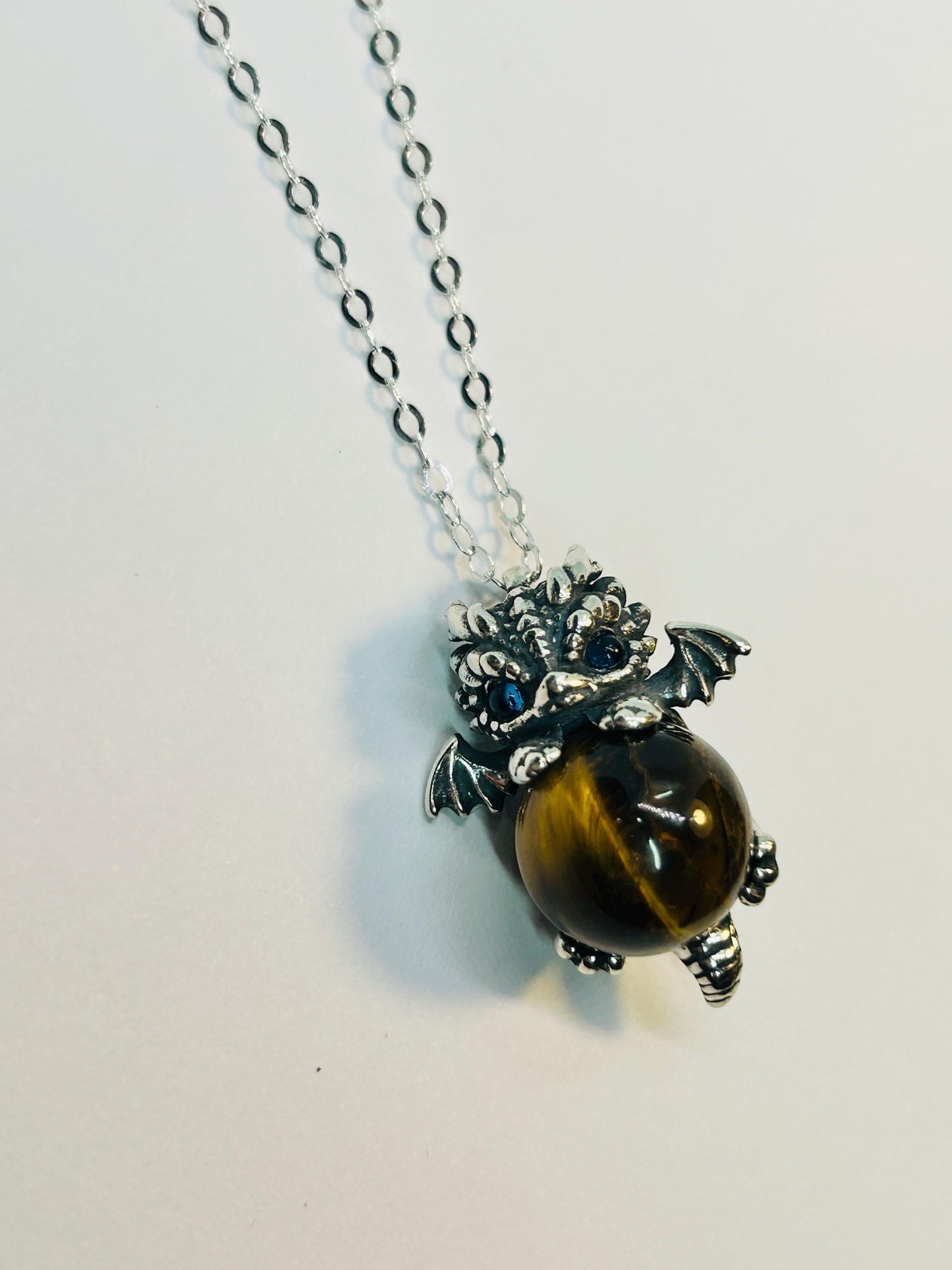 Baby Dragon Pendant with Tigers Eye Gemstone • 925 Sterling Silver • Gift box