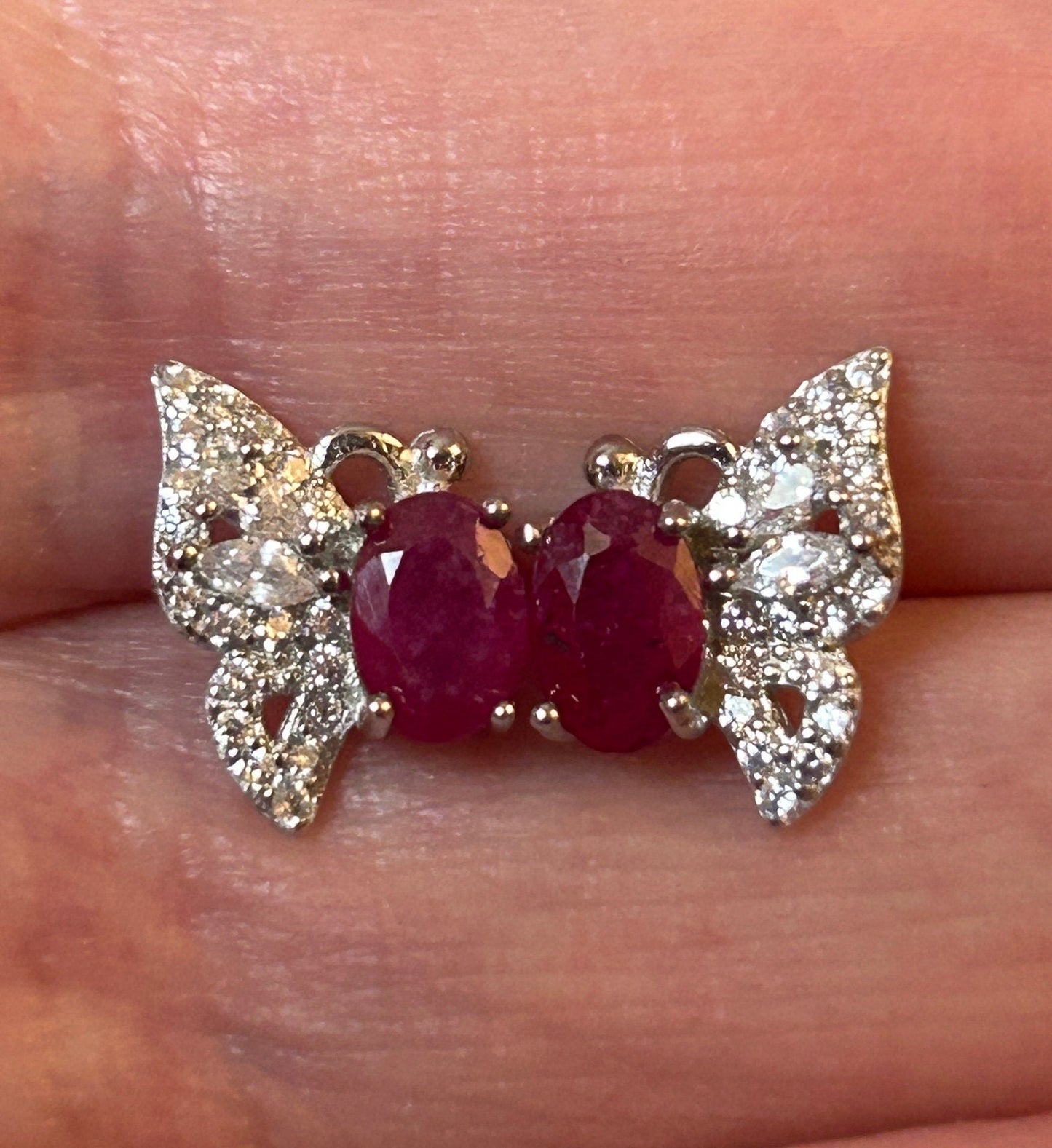 Butterfly Earrings with Ruby Gemstones • 925 Sterling Silver Studs • CZ Accents • Gift Box