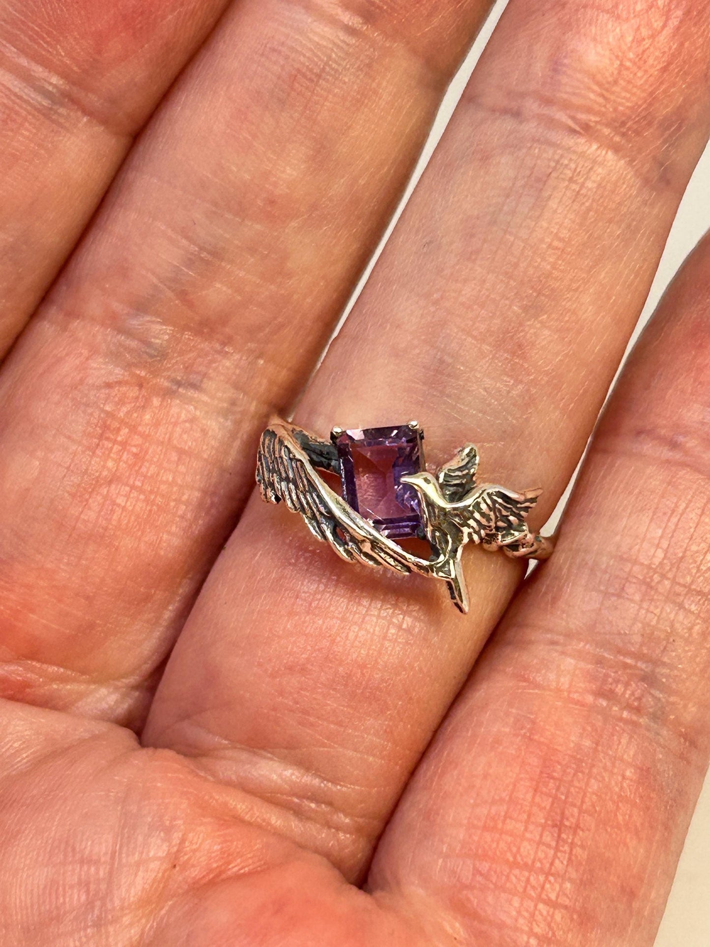 Pretty Bird Ring with Amethyst Gemstone • 925 Sterling Silver • Adjustable • Gift Box