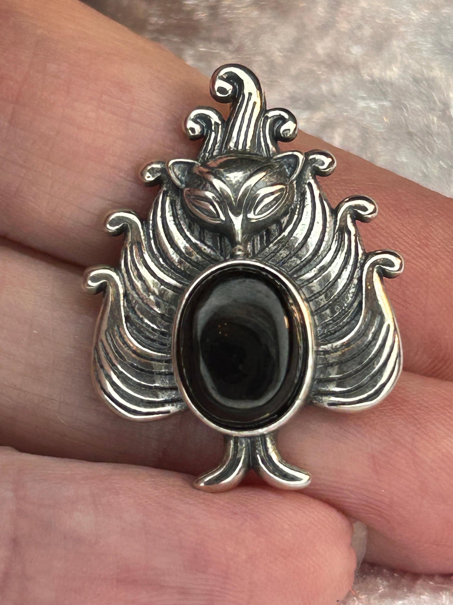 Nine Tailed Fox Pendant with Hypersthene Gemstone • 925 Sterling Silver Kitsune • Gift Box