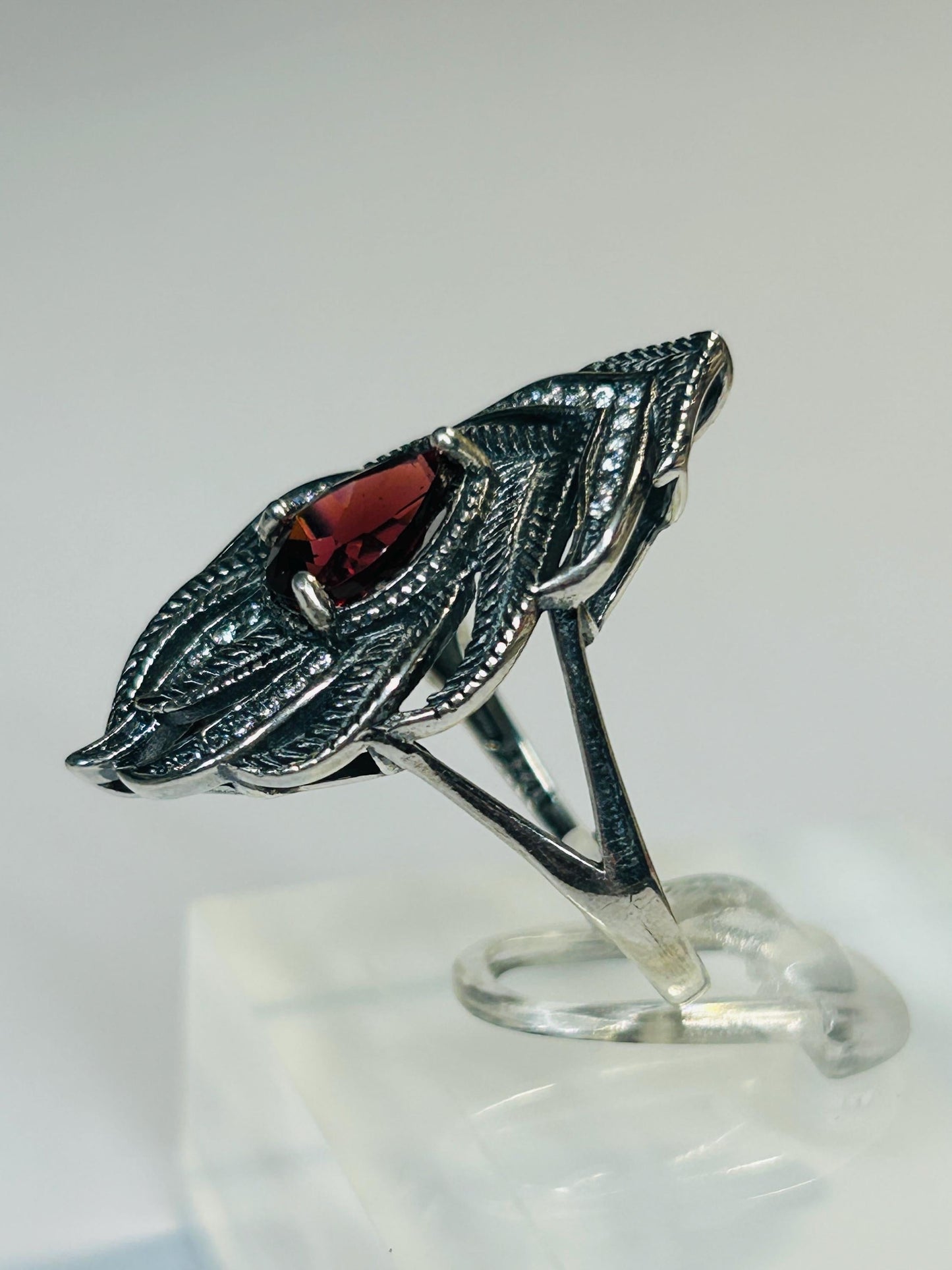 925 Silver Feather Ring • Peacock Feather with Garnet Gemstone • CZ Accents • Adjustable • Giftbox