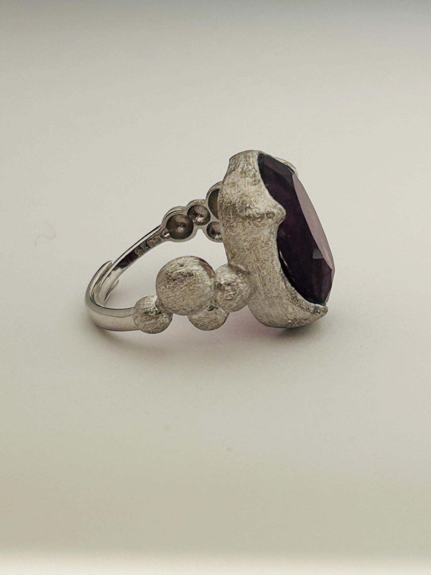 Textured Mens Ring with Purple Fluorite Gemstone • 925 Sterling Silver • Adjustable • Gift Box