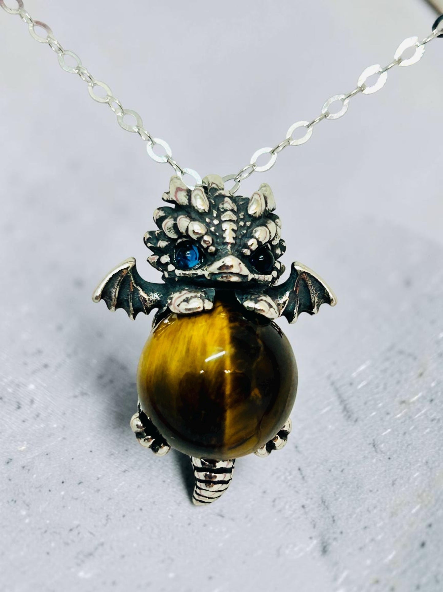 Baby Dragon Pendant with Tigers Eye Gemstone • 925 Sterling Silver • Gift box