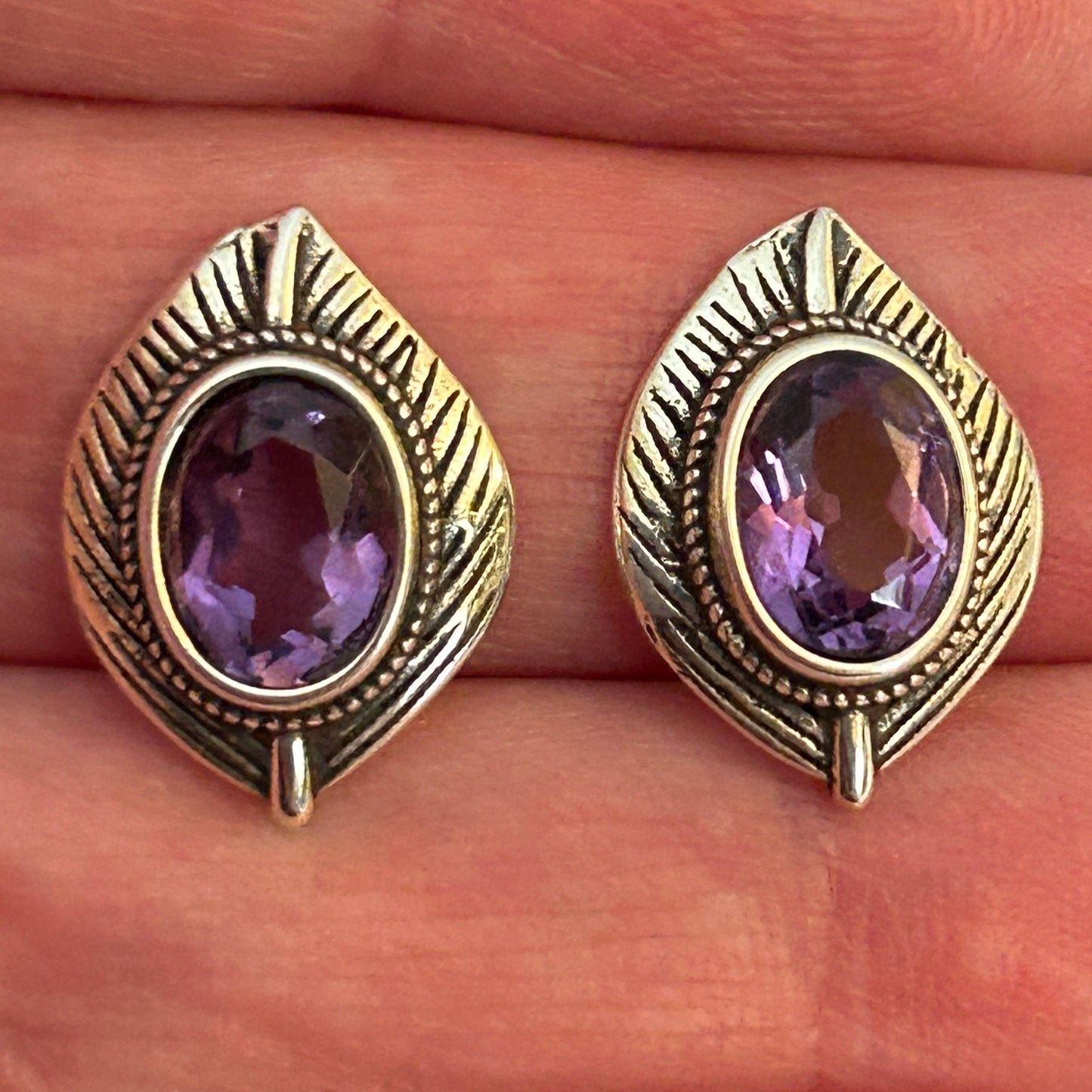 Elegant Amethyst Leaf Earrings: 925 Sterling Silver Studs, Gemstone Jewellery Gift Box