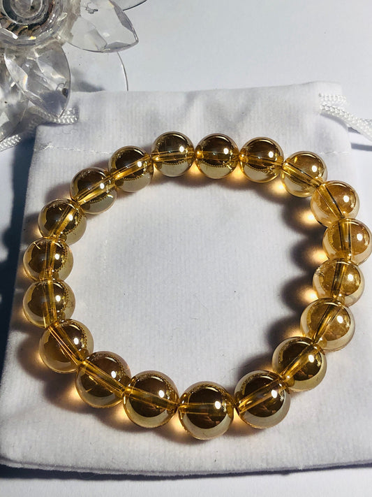 Aura Coated Crystal Quartz Round Beaded Stretchy Bracelet With Velvet Gift Bag