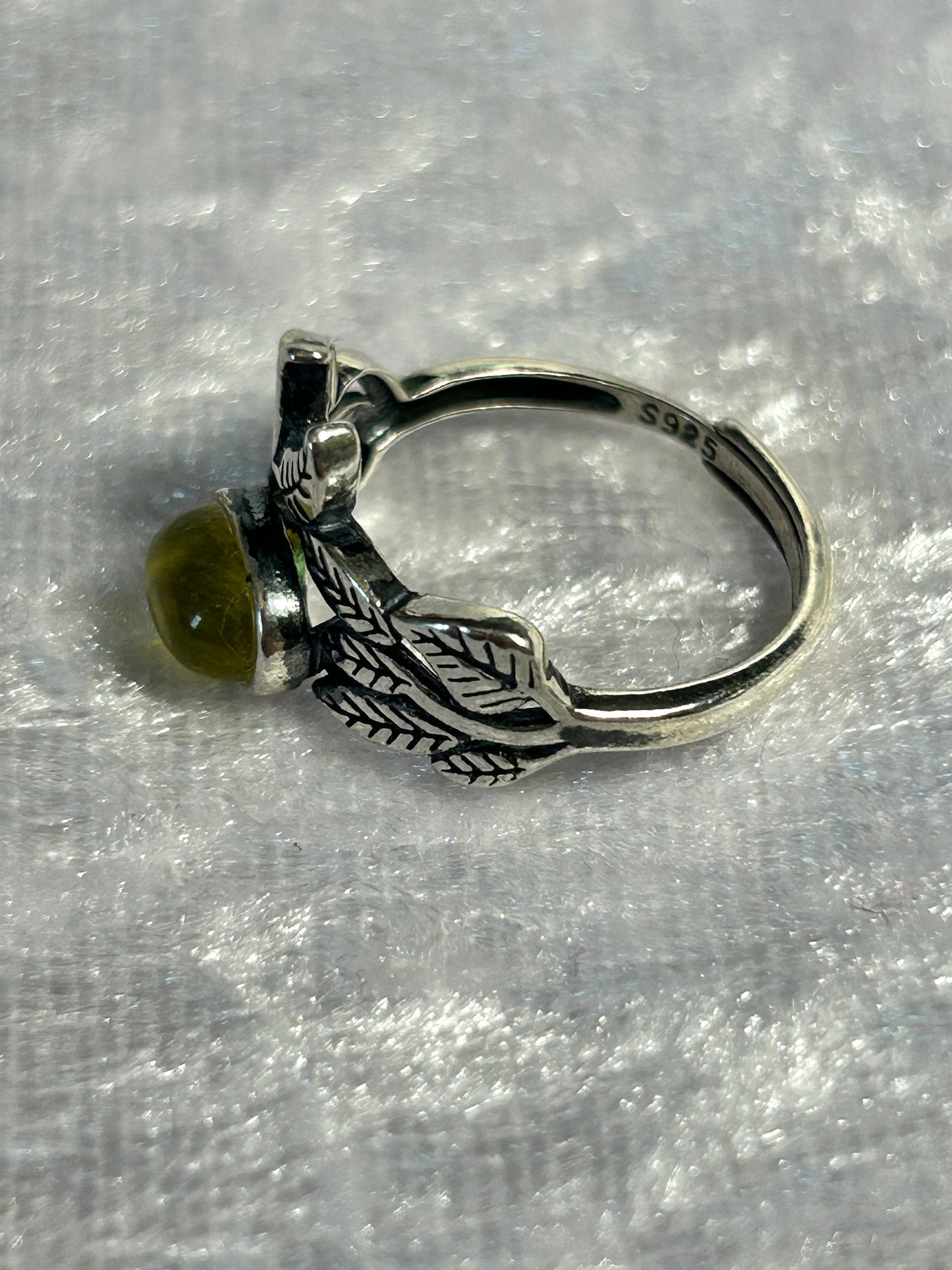 Golden Prehnite Ring: Sterling Silver Vine Leaf, Adjustable