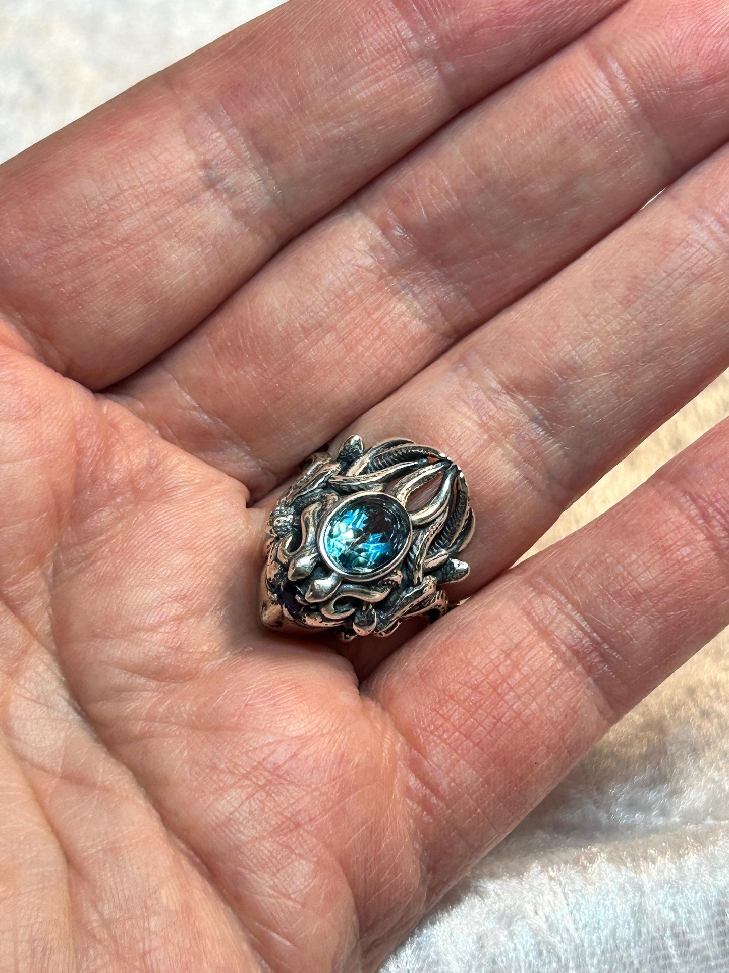 Mythical Medusa Ring with Blue Topaz & Amethyst Gemstones • 925 Sterling Silver • Adjustable • Gift box