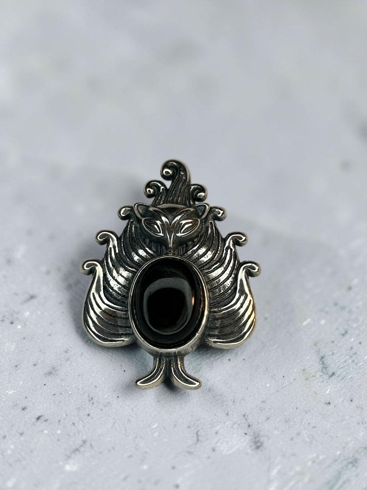 Nine Tailed Fox Pendant with Hypersthene Gemstone • 925 Sterling Silver Kitsune • Gift Box