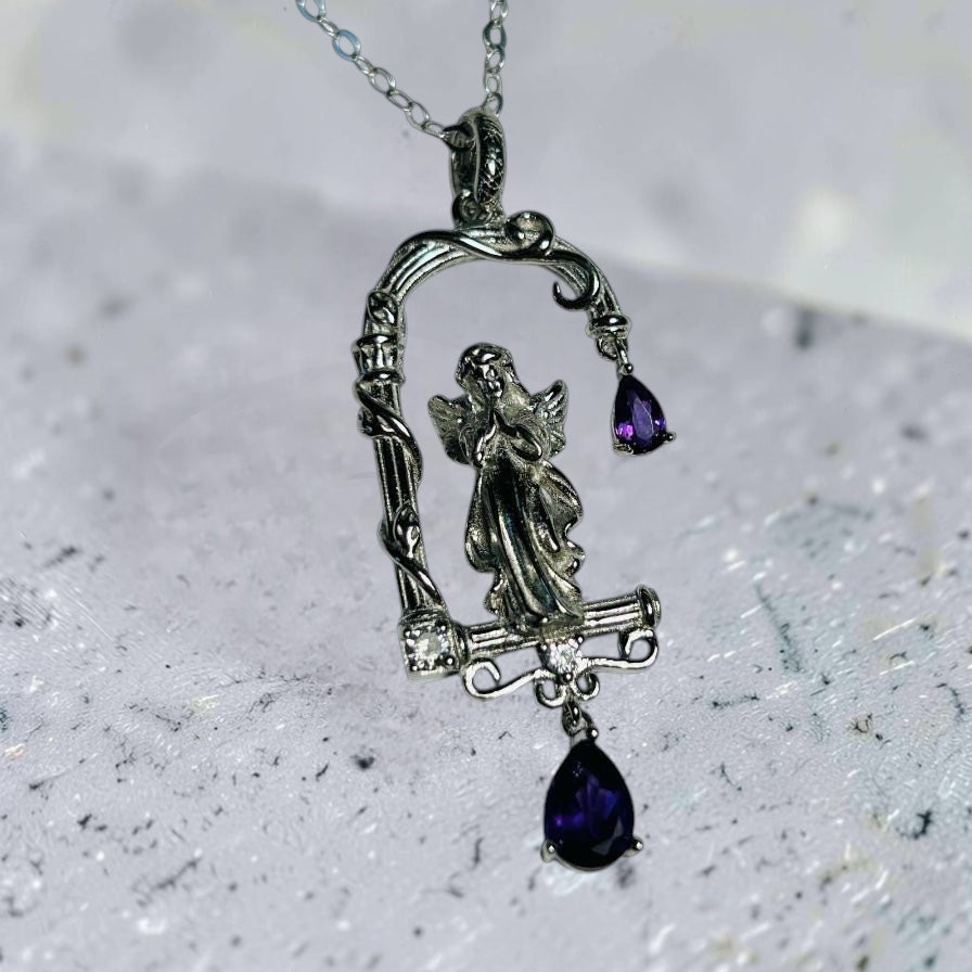 Decorative Angel Pendant with Amethyst Gemstones • 925 Sterling Silver • Gift Box