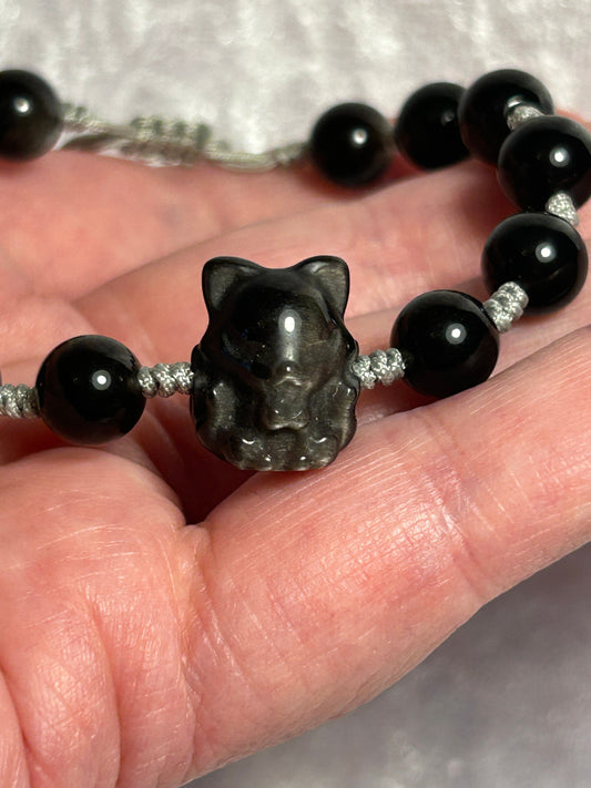 9 Tail Fox Bracelet - Silver Sheen Obsidian Adjustable Kitsune Bracelet With Velvet Giftbag