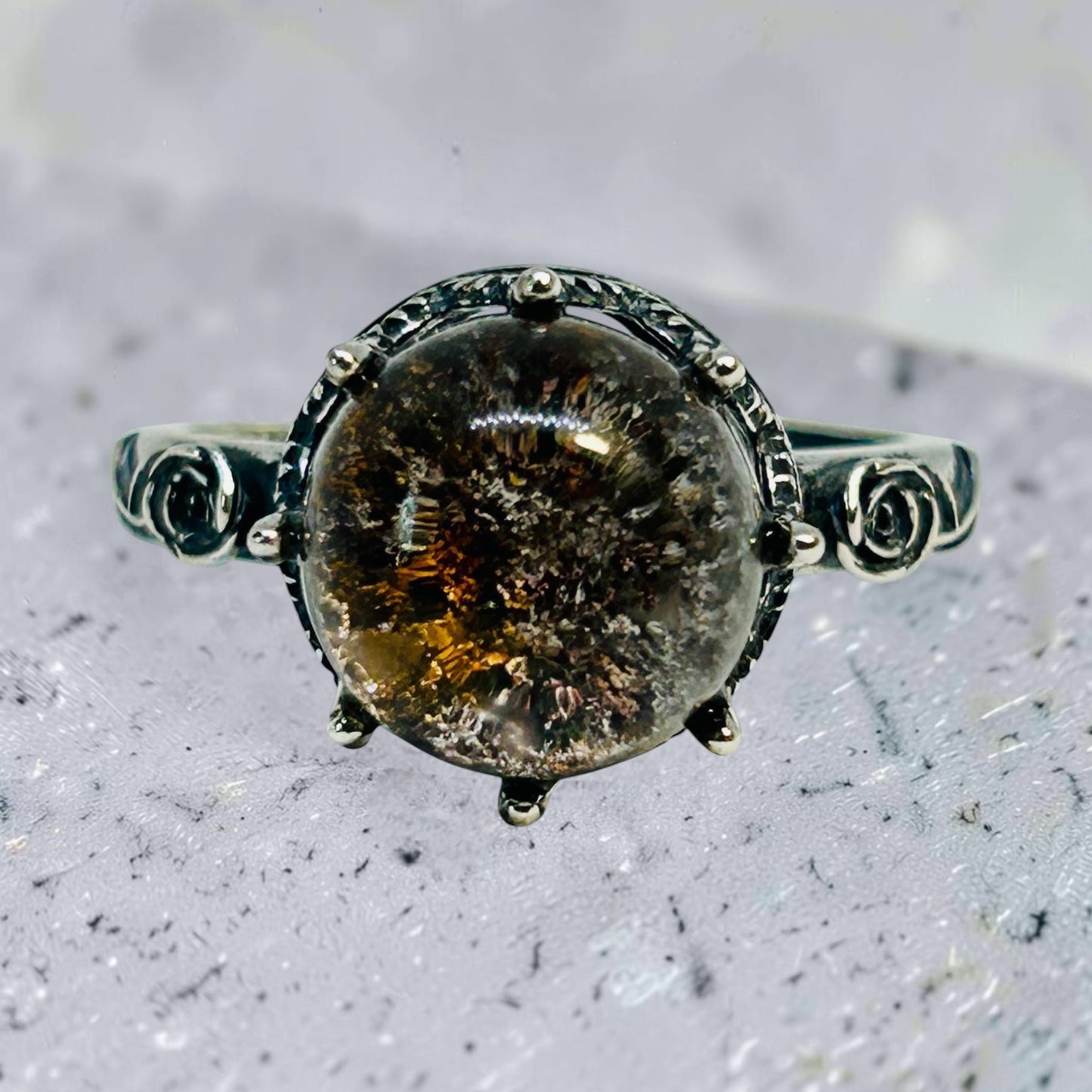 Floral Ring with Garden Quartz Gemstone • 925 Sterling Silver • Adjustable • Gift Box