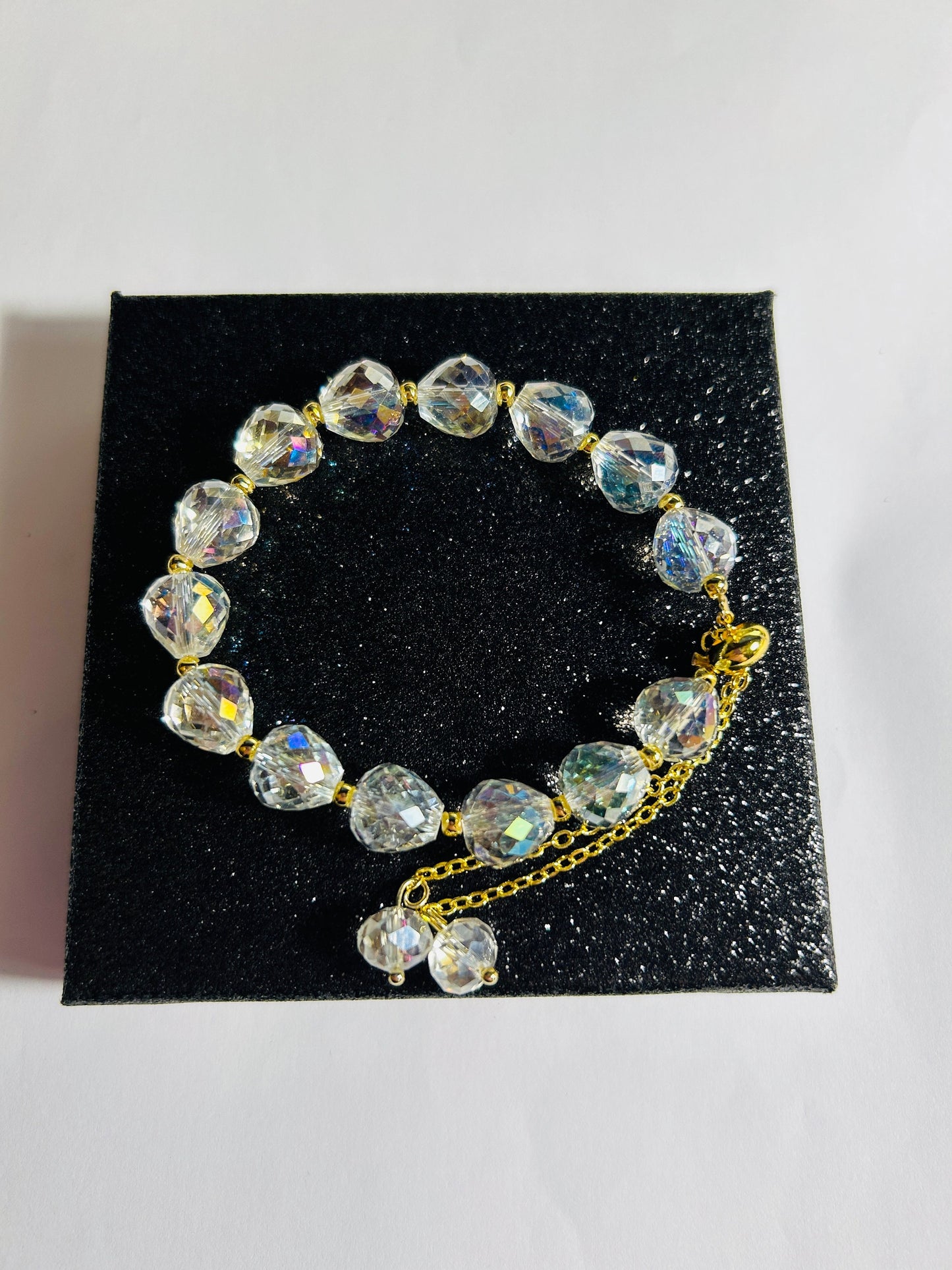 Wire Strung Adjustable Bracelet With Faceted AB Czech Glass Sparkly Beads With Velvet Giftbox