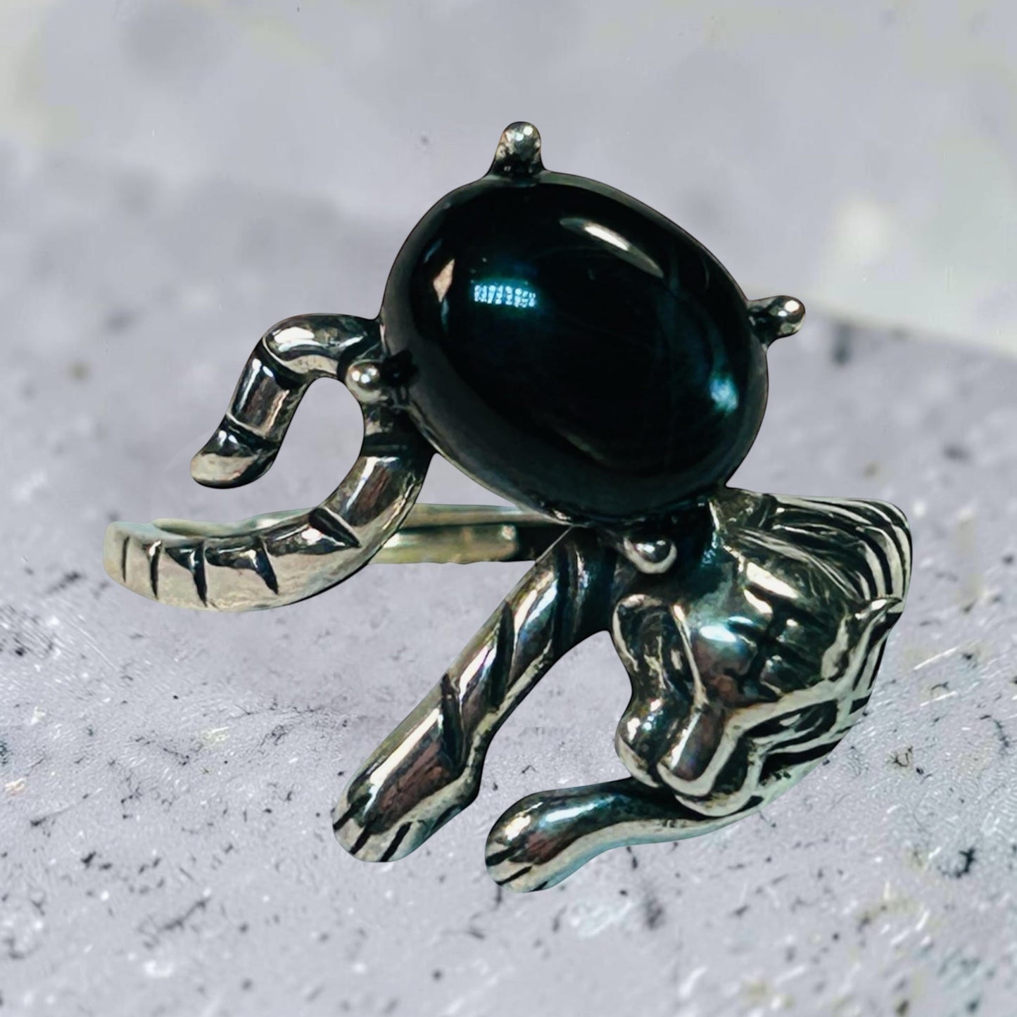 Chunky Tiger Ring with Hypersthene Gemstone • 925 Sterling Silver • Adjustable • Gift Box