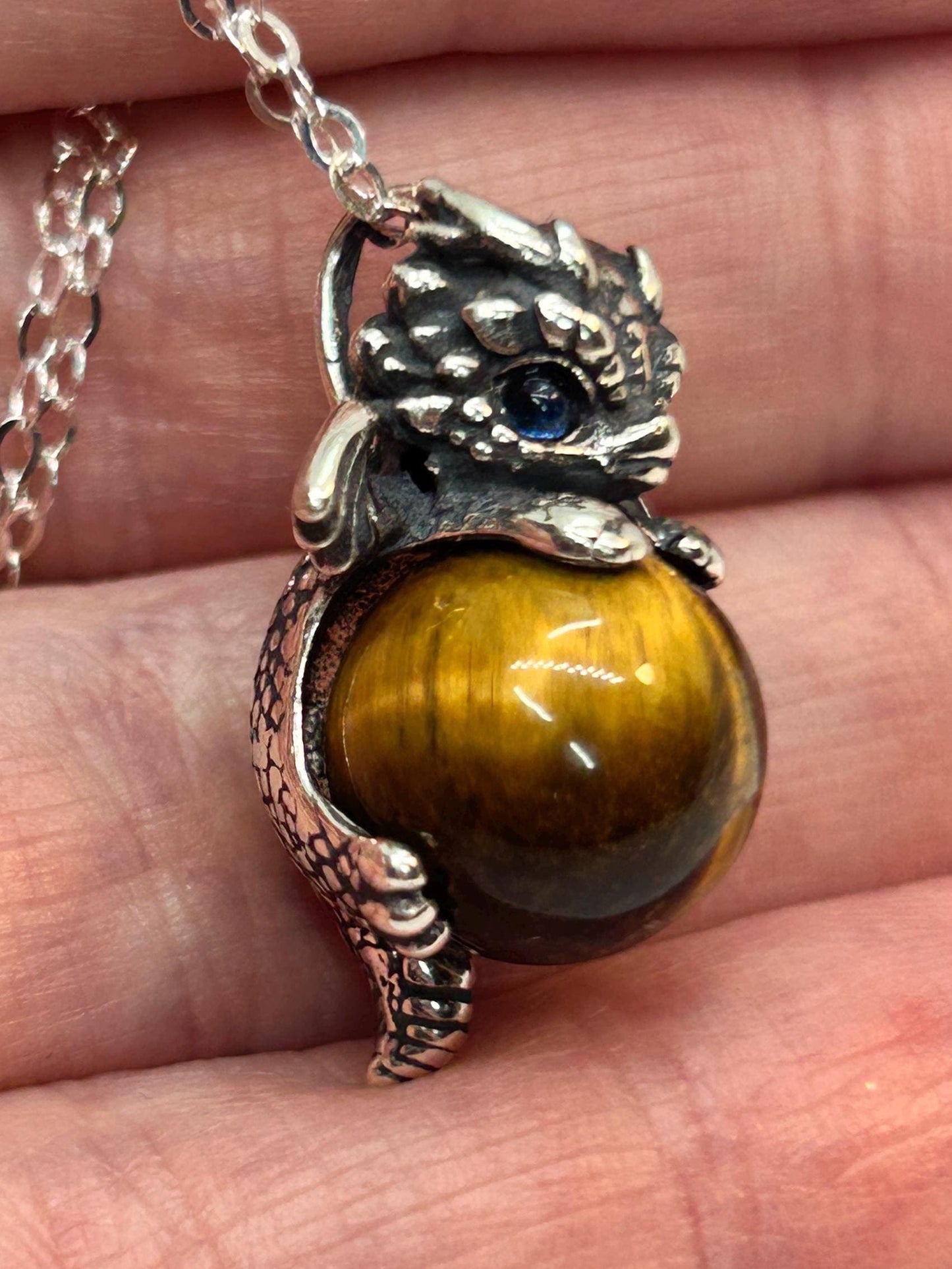 Baby Dragon Pendant with Tigers Eye Gemstone • 925 Sterling Silver • Gift box
