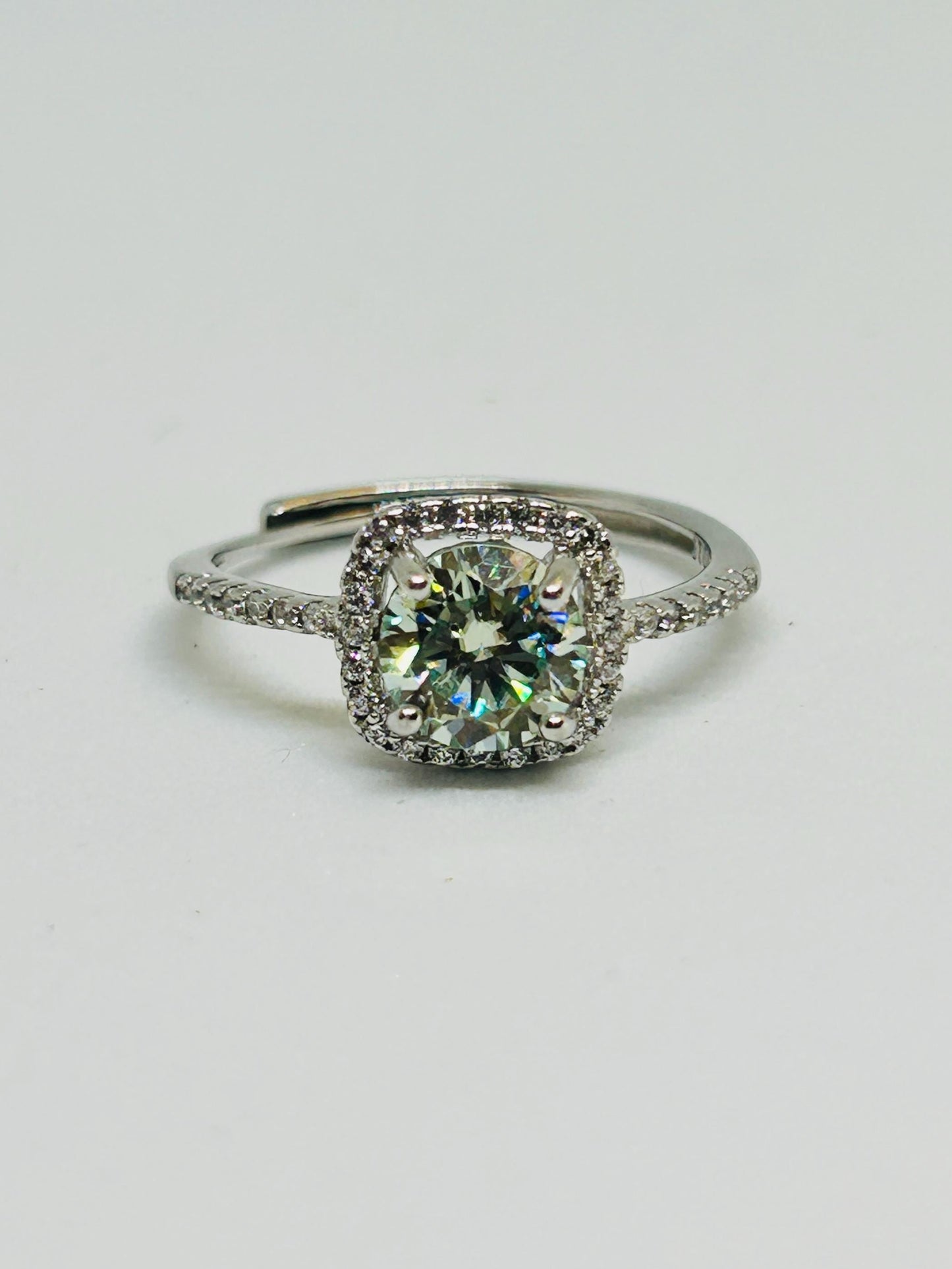 Square Moissanite Ring with CZ Accents • 925 Sterling Silver • Adjustable • Gift Box