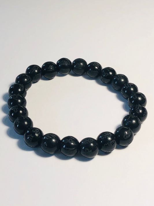 Black Obsidian Stone Bead Stretchy Bracelet With Prayer Carvings - 7.5 Inches