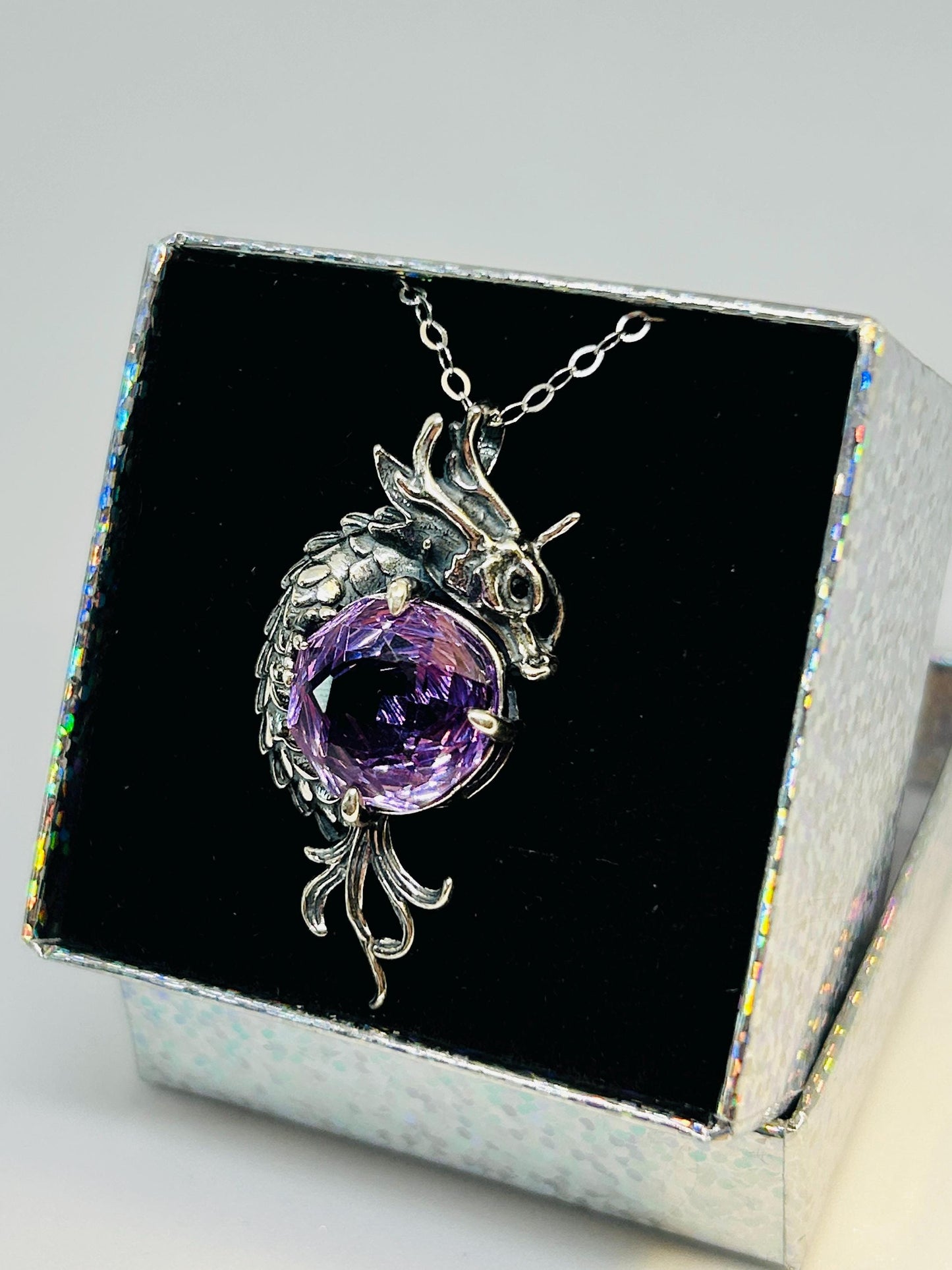 Amethyst Dragon Pendant | 925 Sterling Silver Necklace | Handcrafted Fantasy Jewellery | Gift for Her