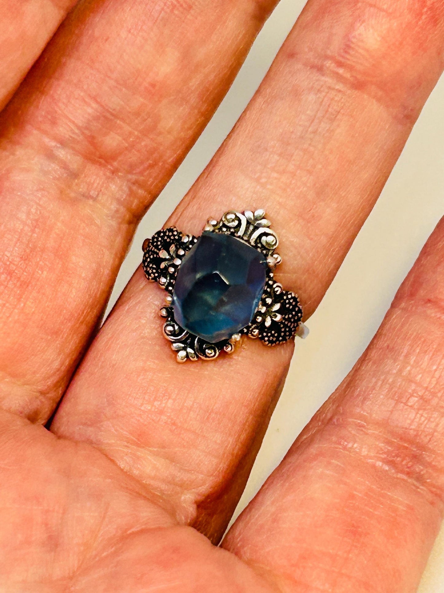 Fleur De Lys Ring with Aquamarine Gemstone • 925 Sterling Silver • Adjustable • Gift Box