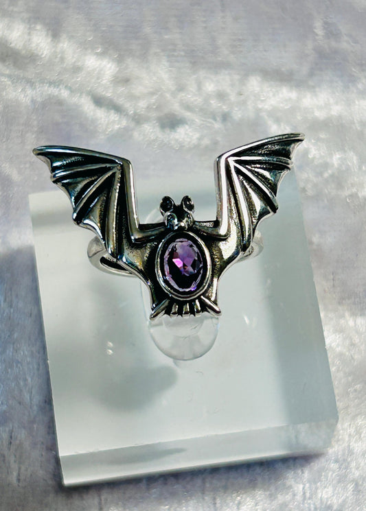 Bat Ring With Amethyst Gemstone - 925 Silver Ring - Adjustable - Supplied In Gift Box