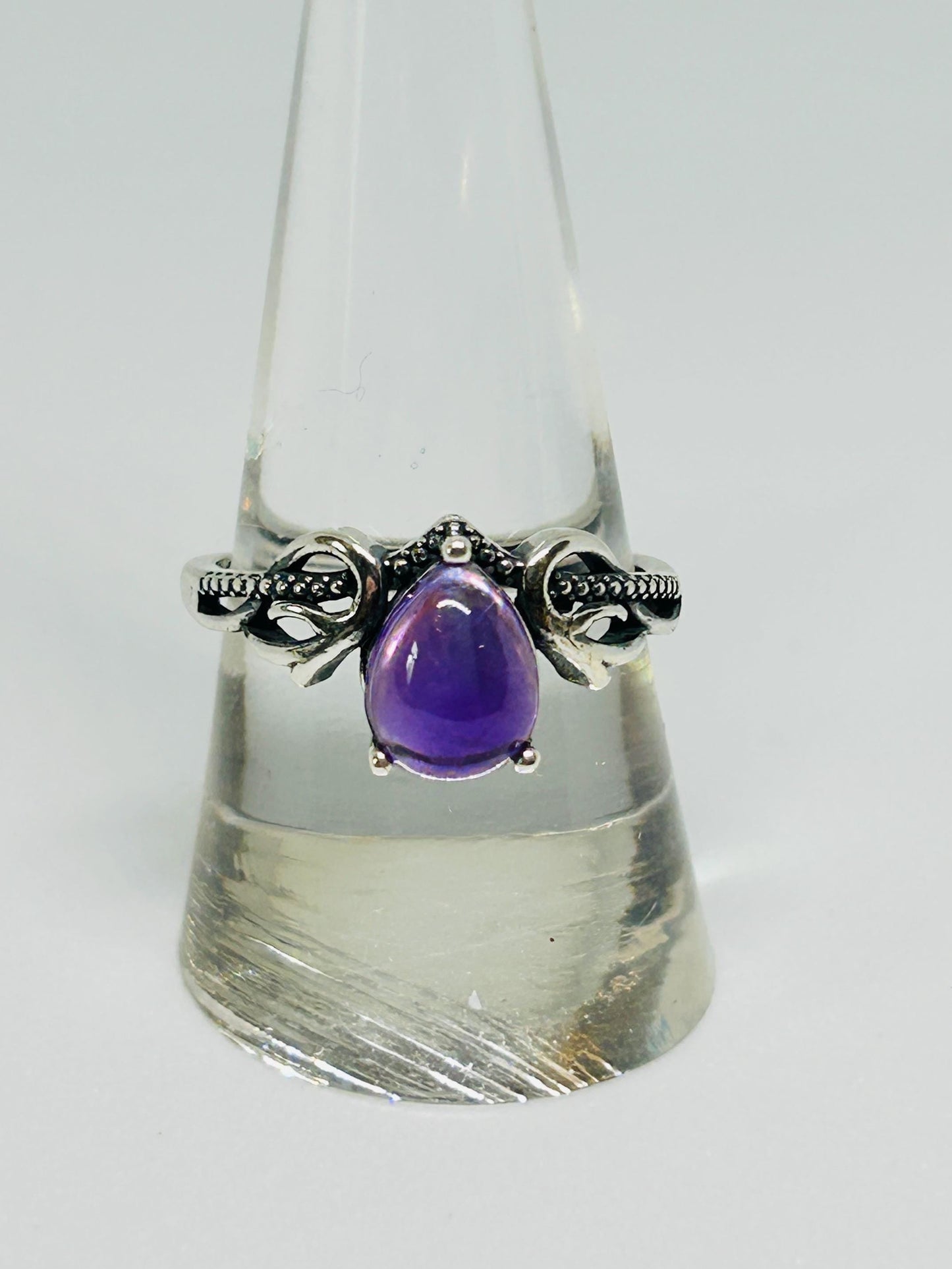 Dainty Crystal Ring with Teardrop Amethyst Gemstone • 925 Sterling Silver • Adjustable • Gift Box