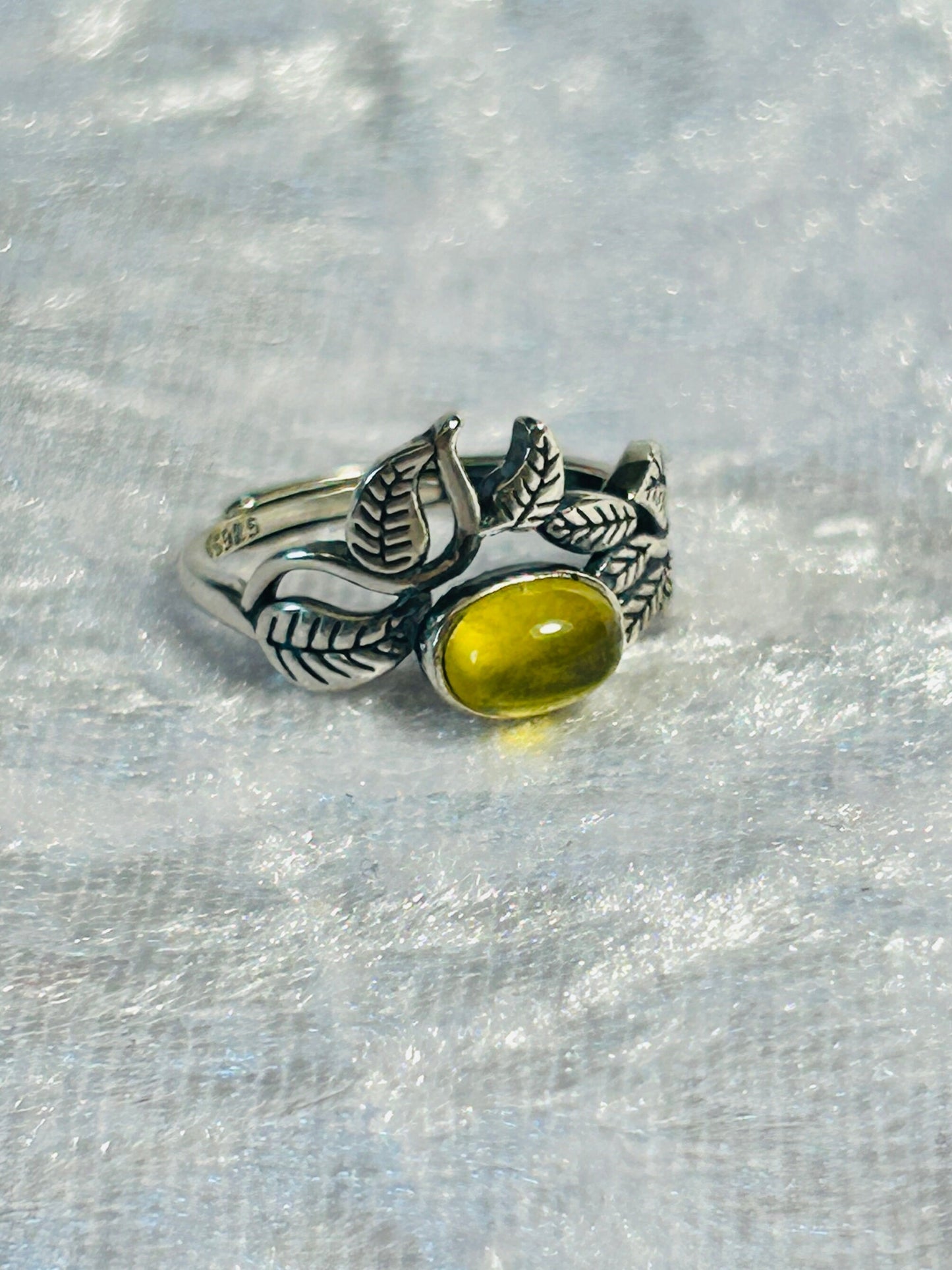 Golden Prehnite Ring: Sterling Silver Vine Leaf, Adjustable