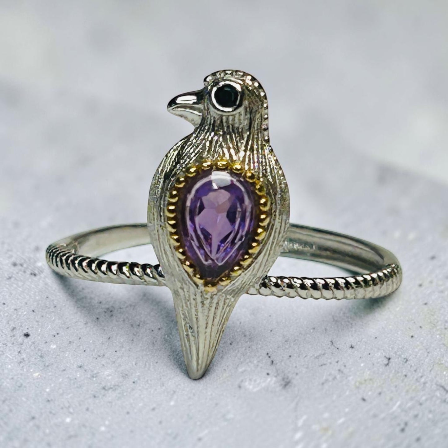 Dainty Bird Ring With Amethyst Gemstone • 925 Sterling Silver • Adjustable with Gift Box