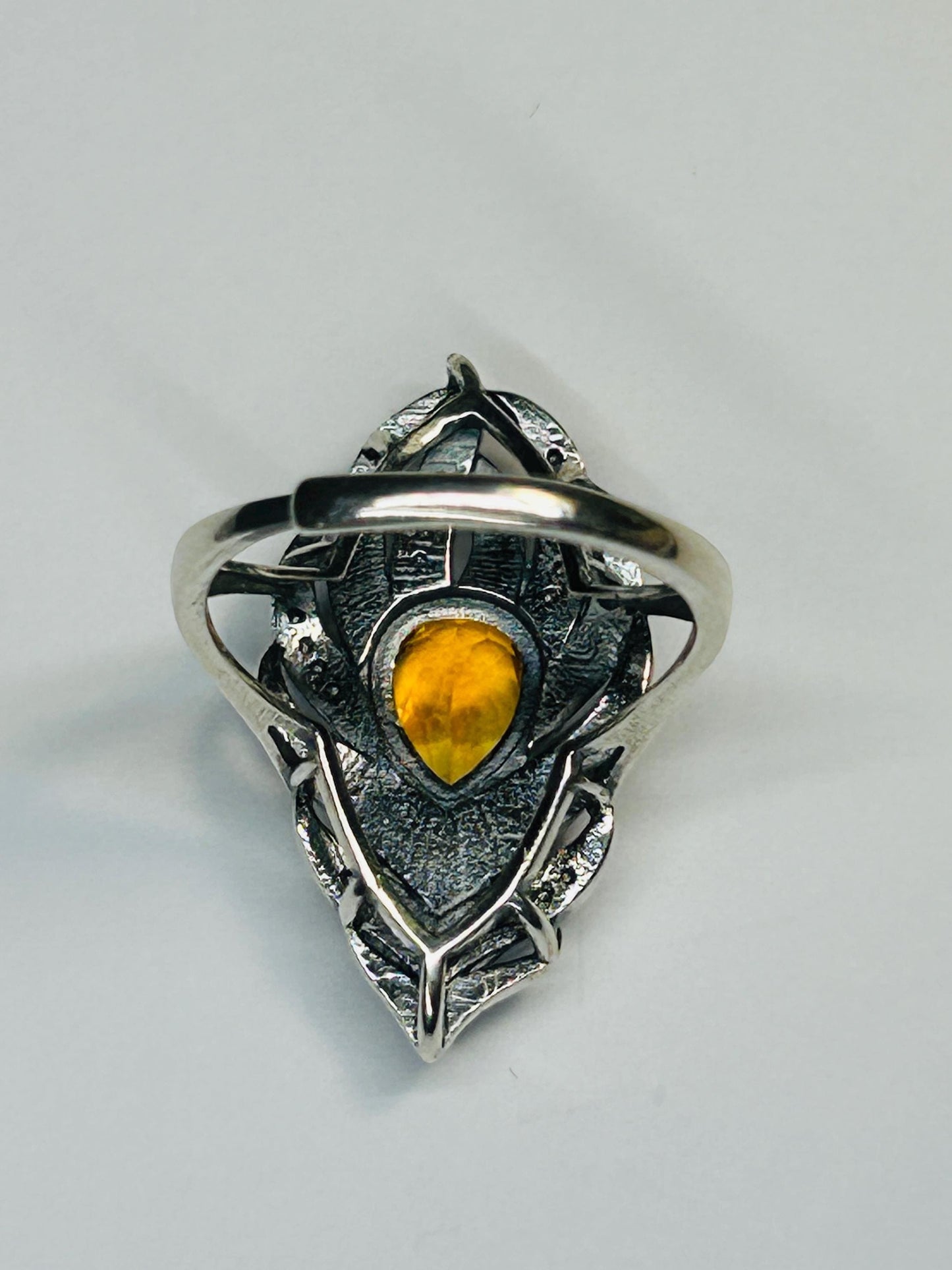 925 Silver Feather Ring • Peacock Feather with Citrine Gemstone • CZ Accents • Adjustable • Giftbox