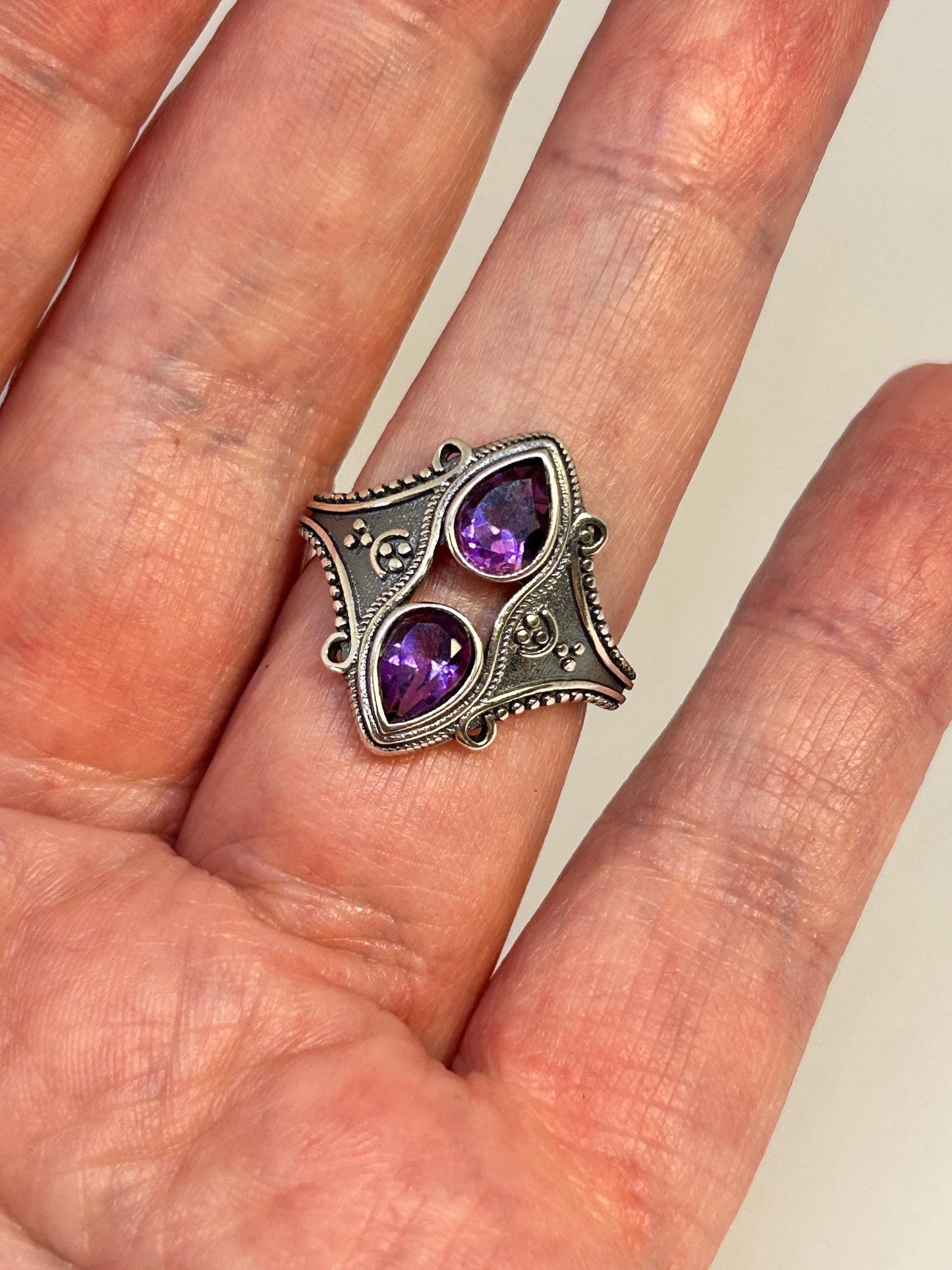 Corset Ring with 2 Amethyst Gemstones • 925 Sterling Silver • Adjustable • Gift Box