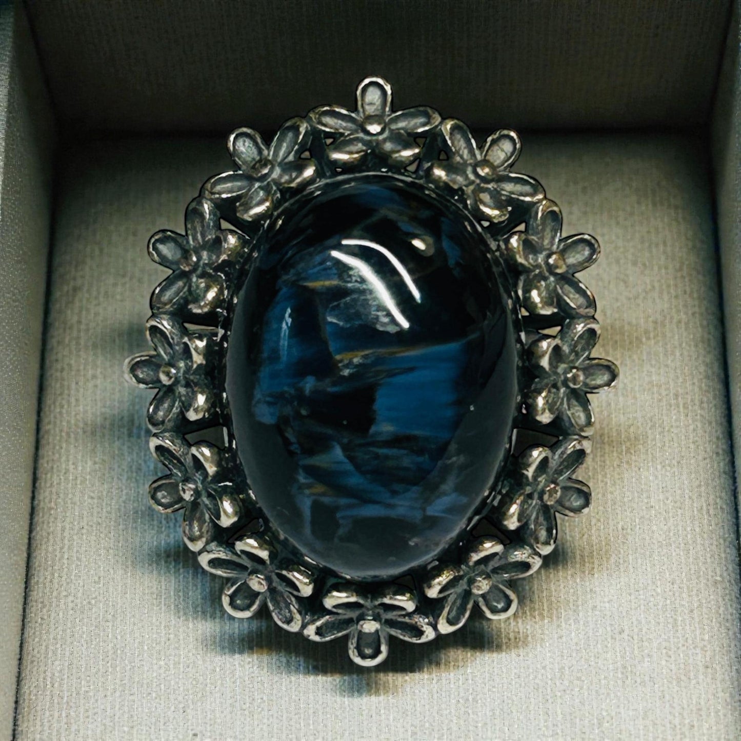 Pietersite Ring - 925 Sterling Silver - Oxidised Floral Design - Adjustable - With Gift Box