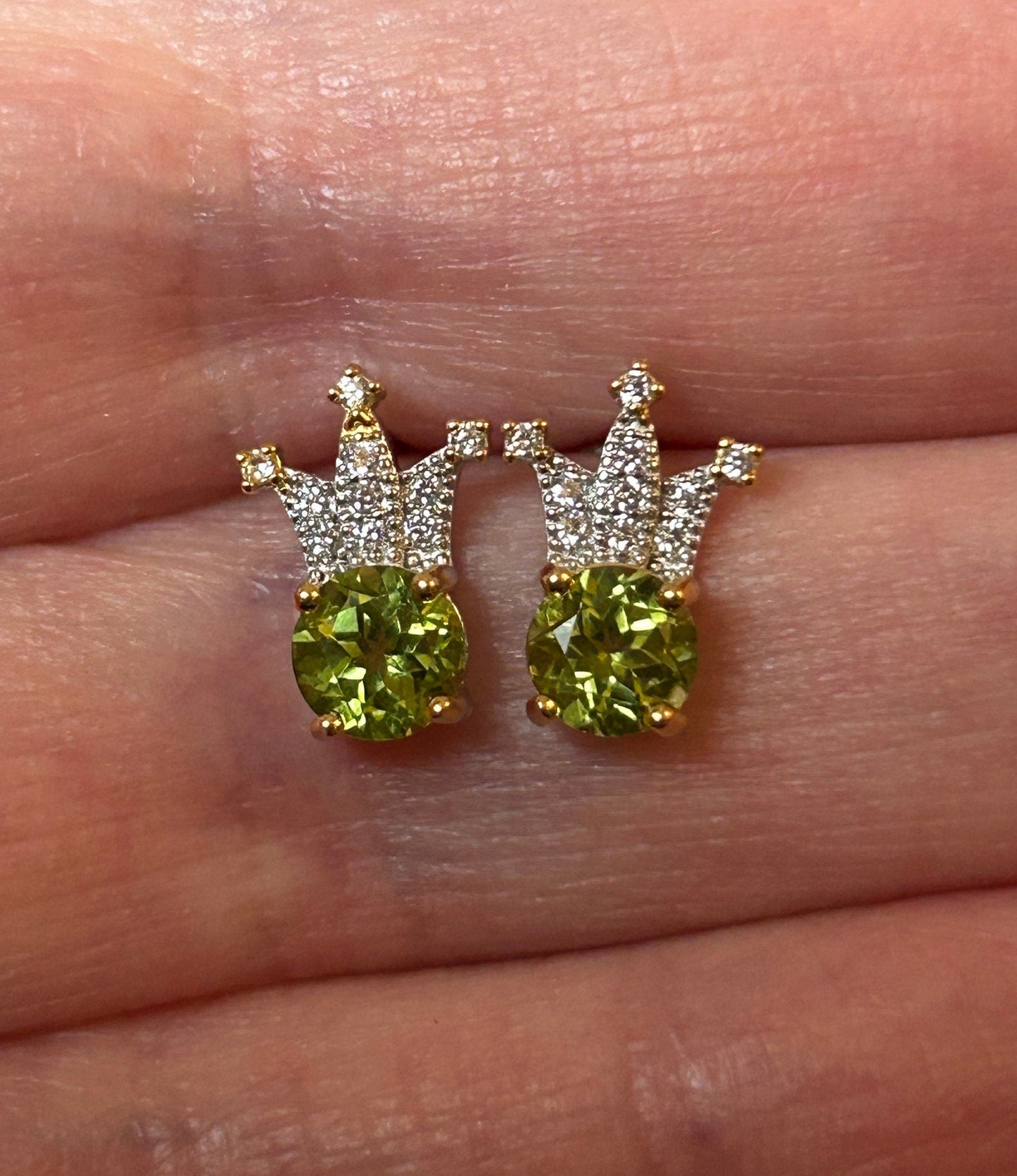 Crown Earrings with Peridot Gemstones • 925 Sterling Silver Studs • CZ Accents • Gift Box